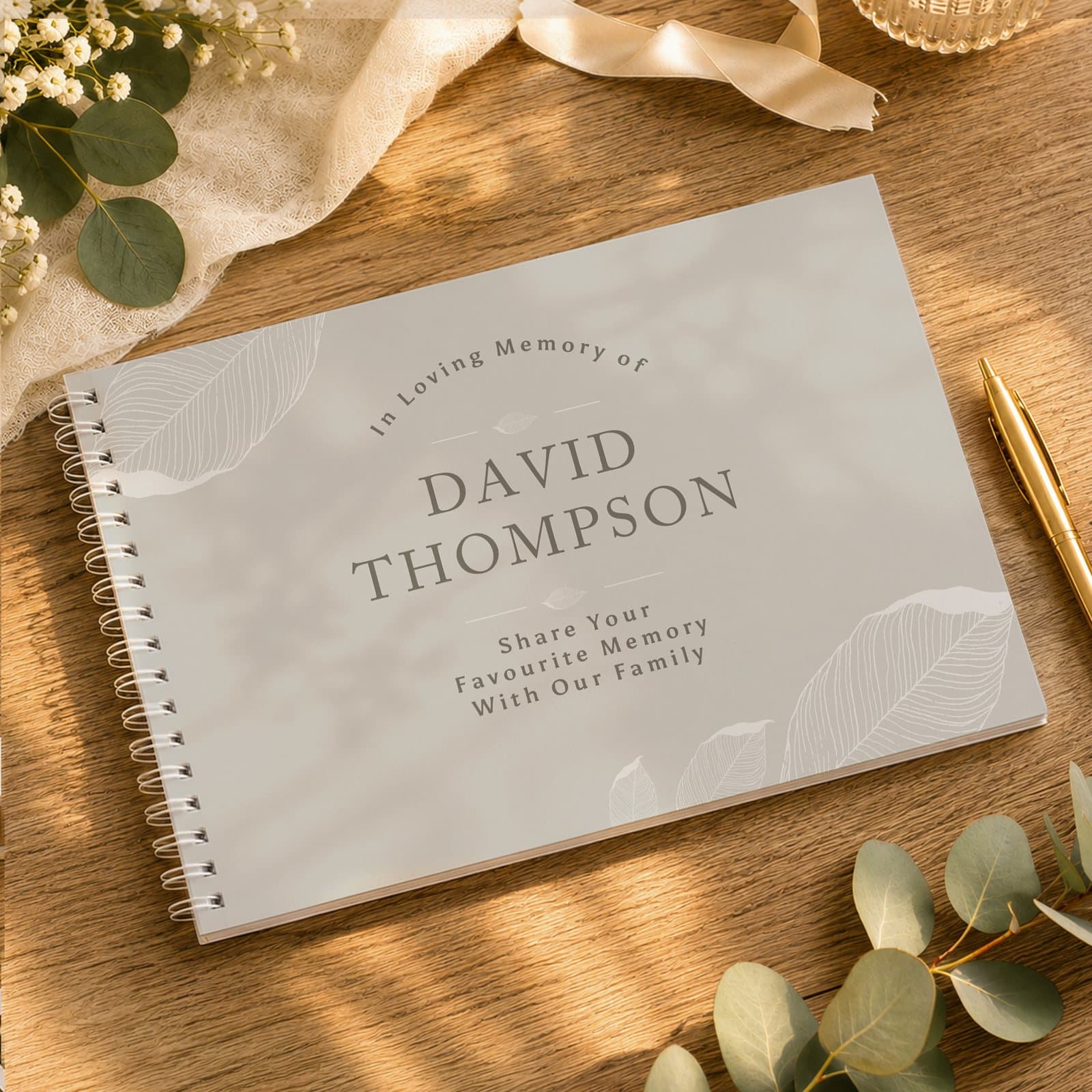 Spiral bound memorial guest book with personalised cover text