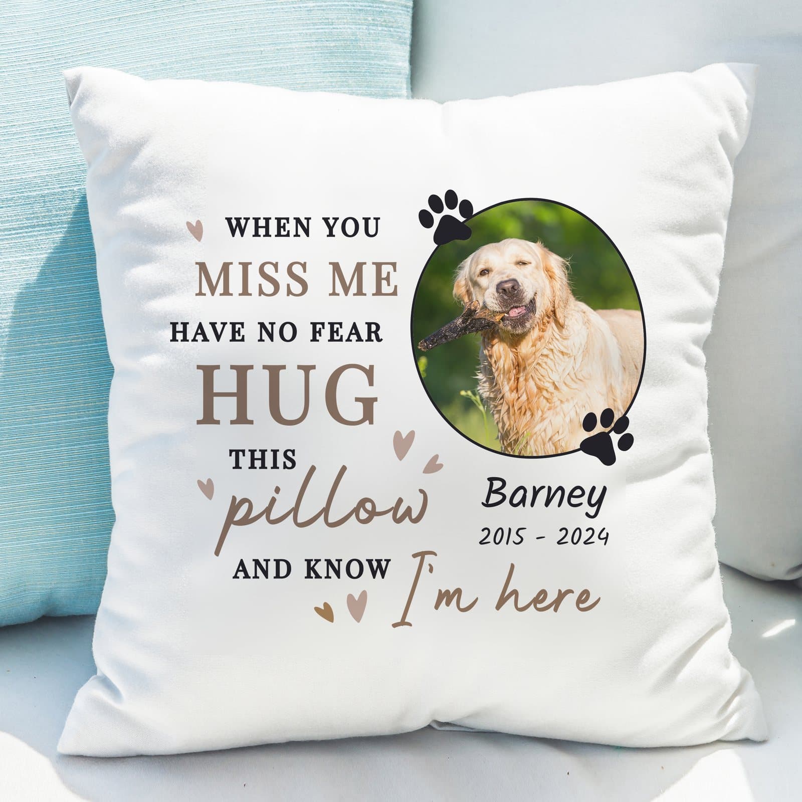 Square cushion with a pet photo, memorial wording around it and a name and dates below