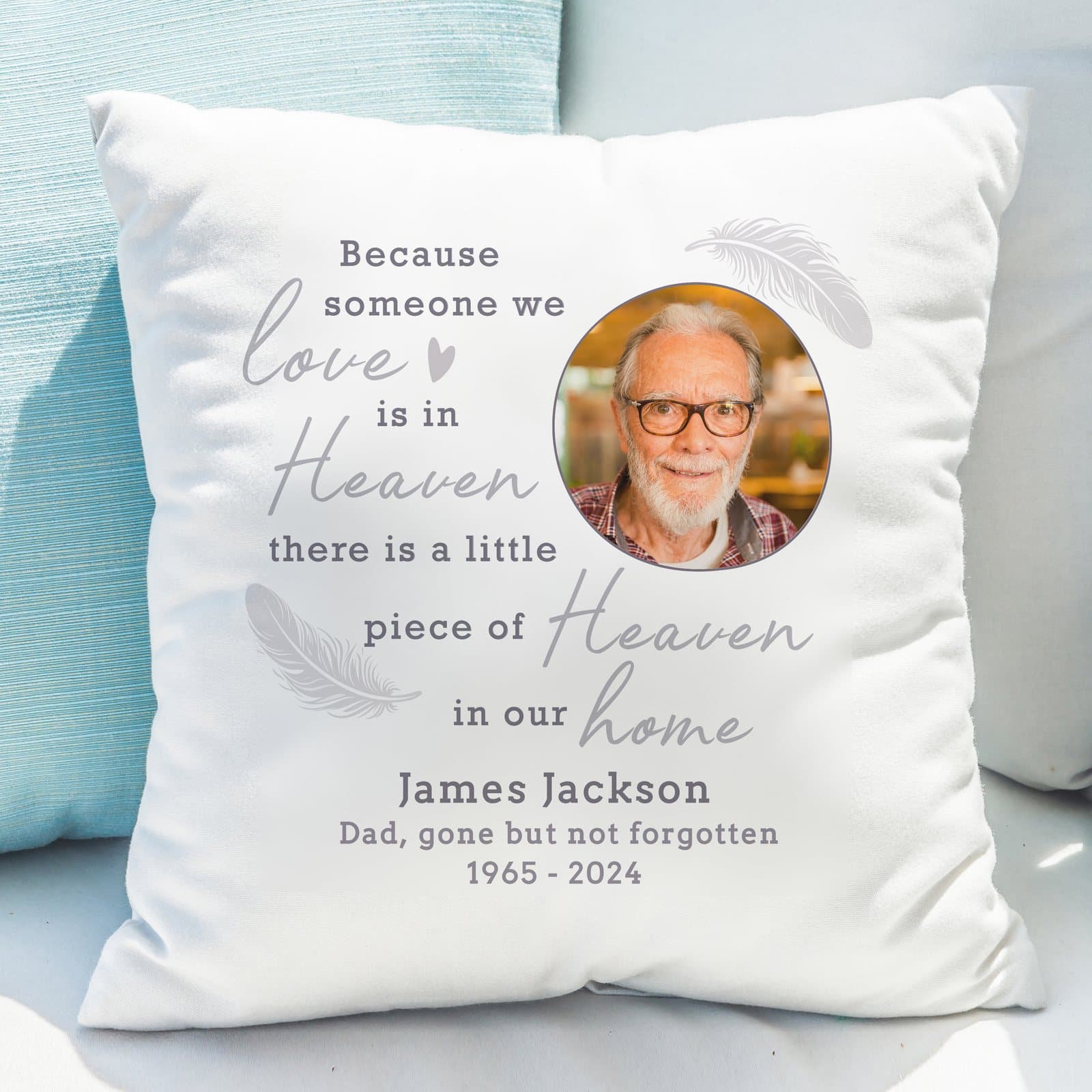 Personalised memorial cushion with a photo, message lines and fixed text