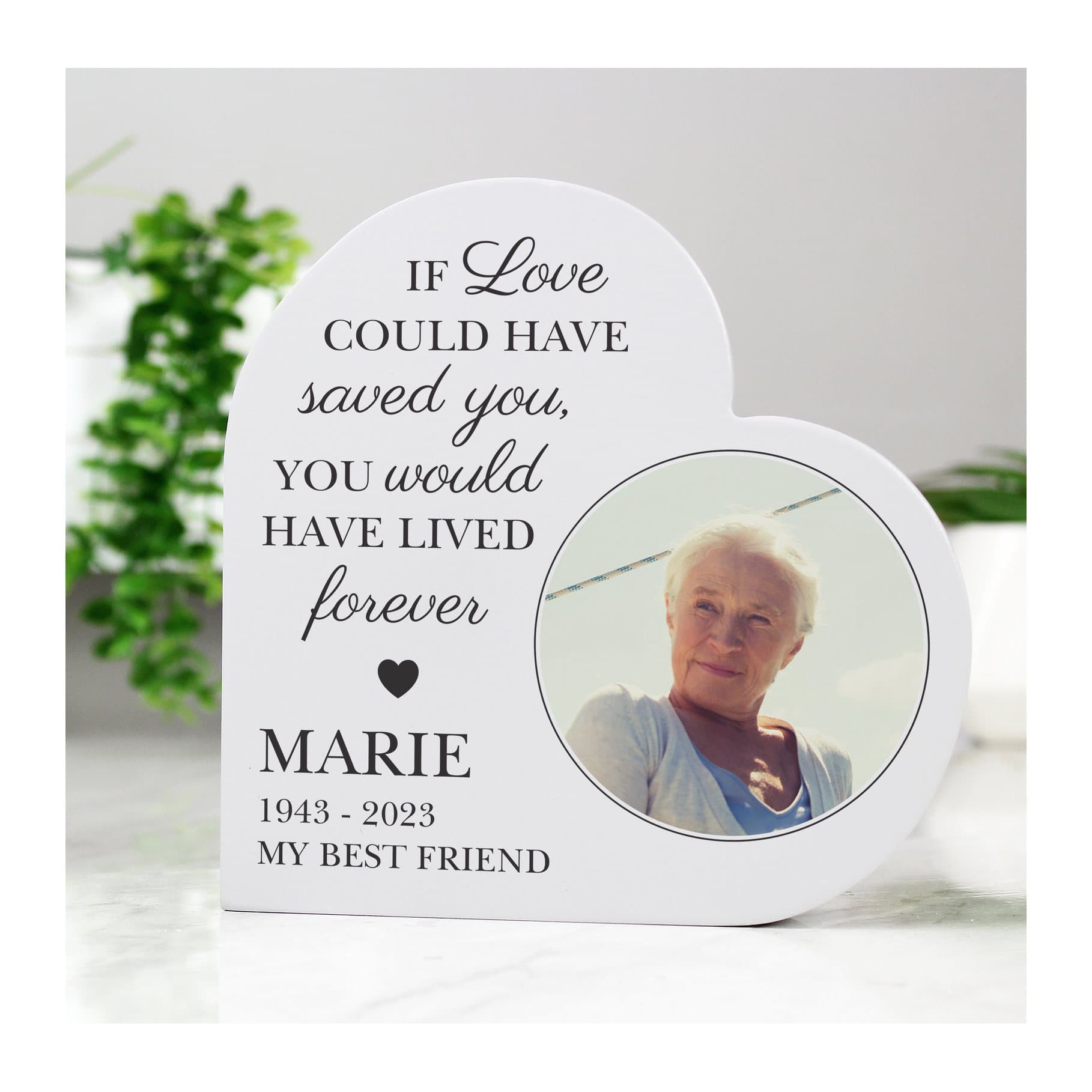 Grey painted wooden free standing heart with a photo and three lines of text
