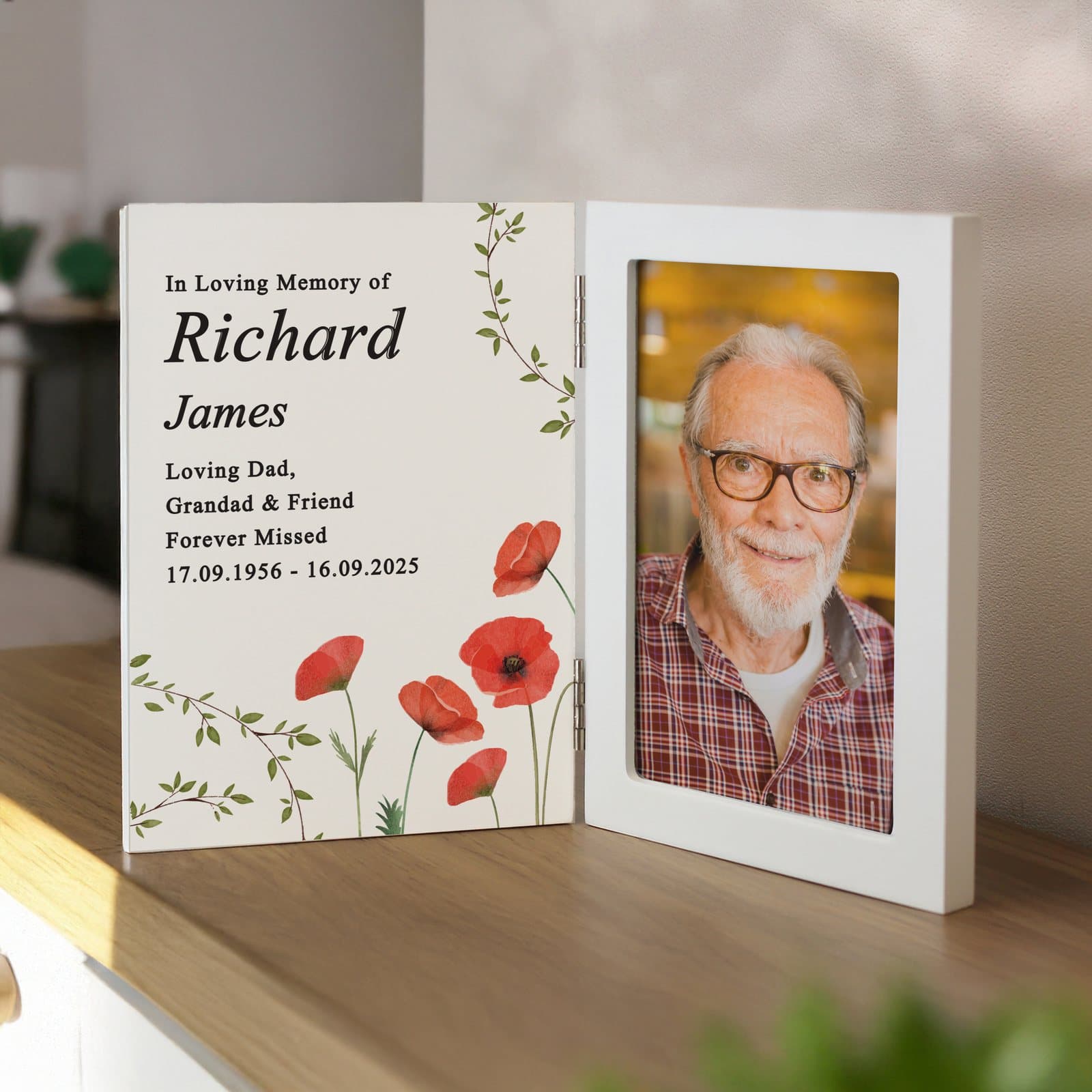 Wooden hinged memorial photo frame with personalised message lines