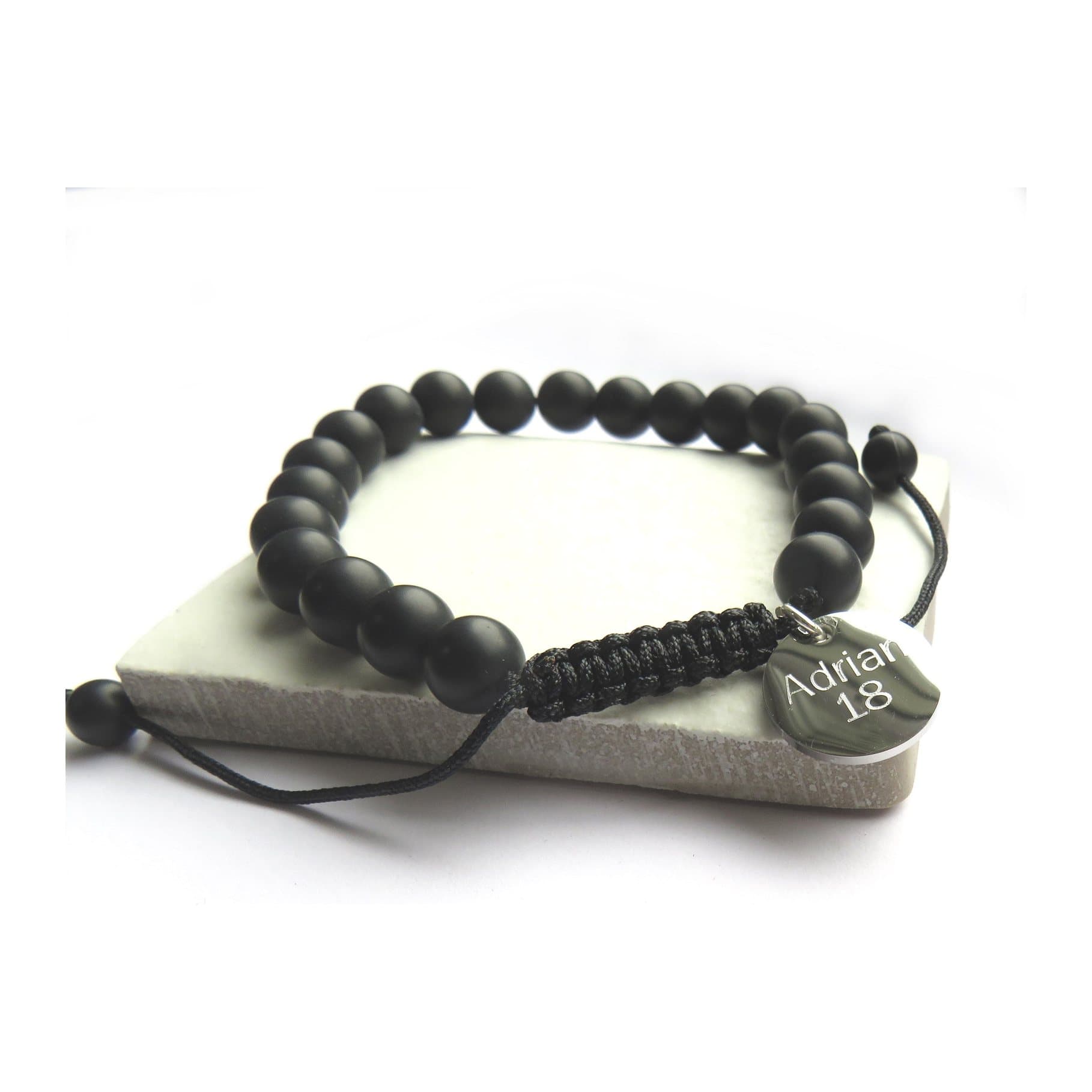 Personalised men's black agate beaded bracelet with a silver stainless steel charm