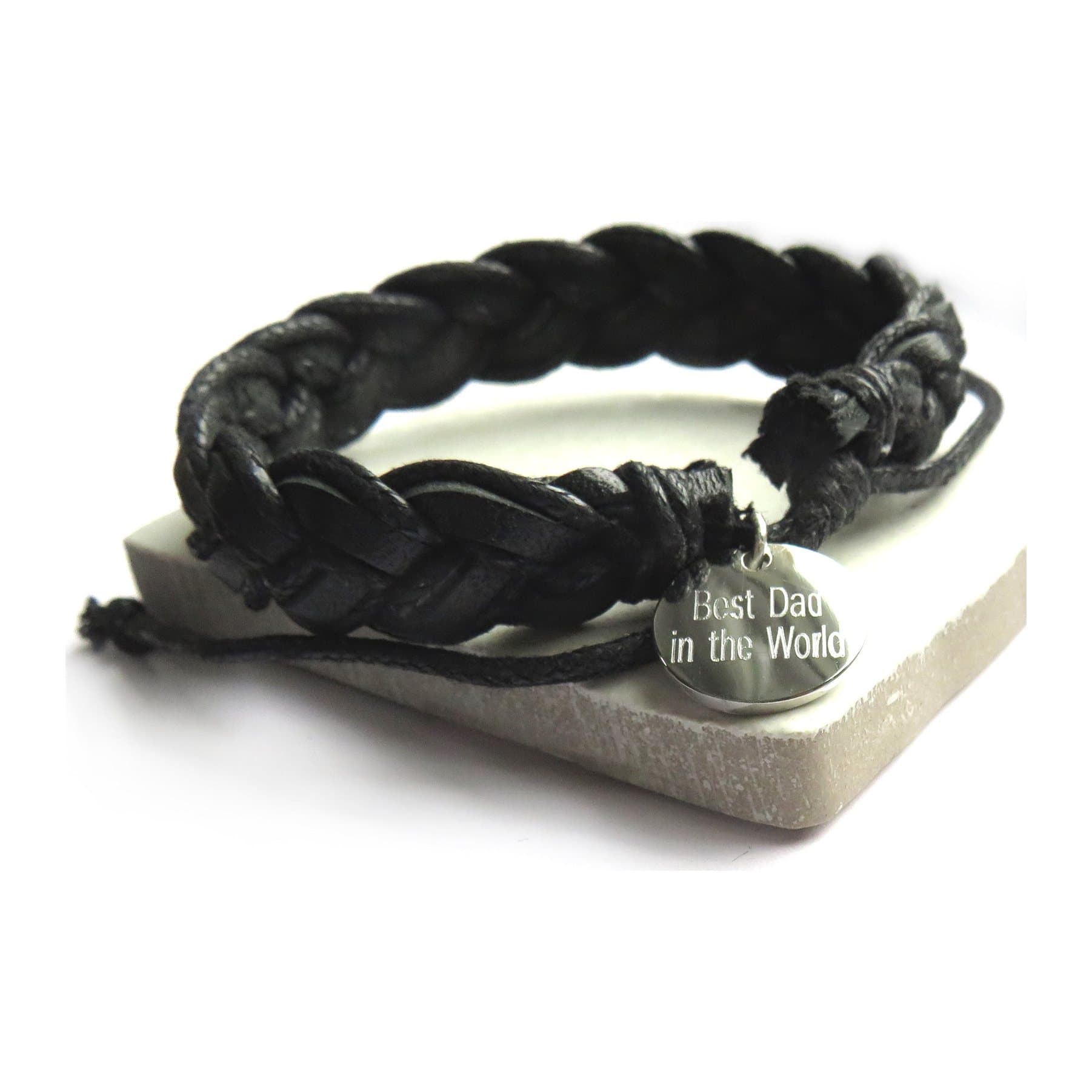 Black pleated leather cord bracelet with a round stainless steel disc