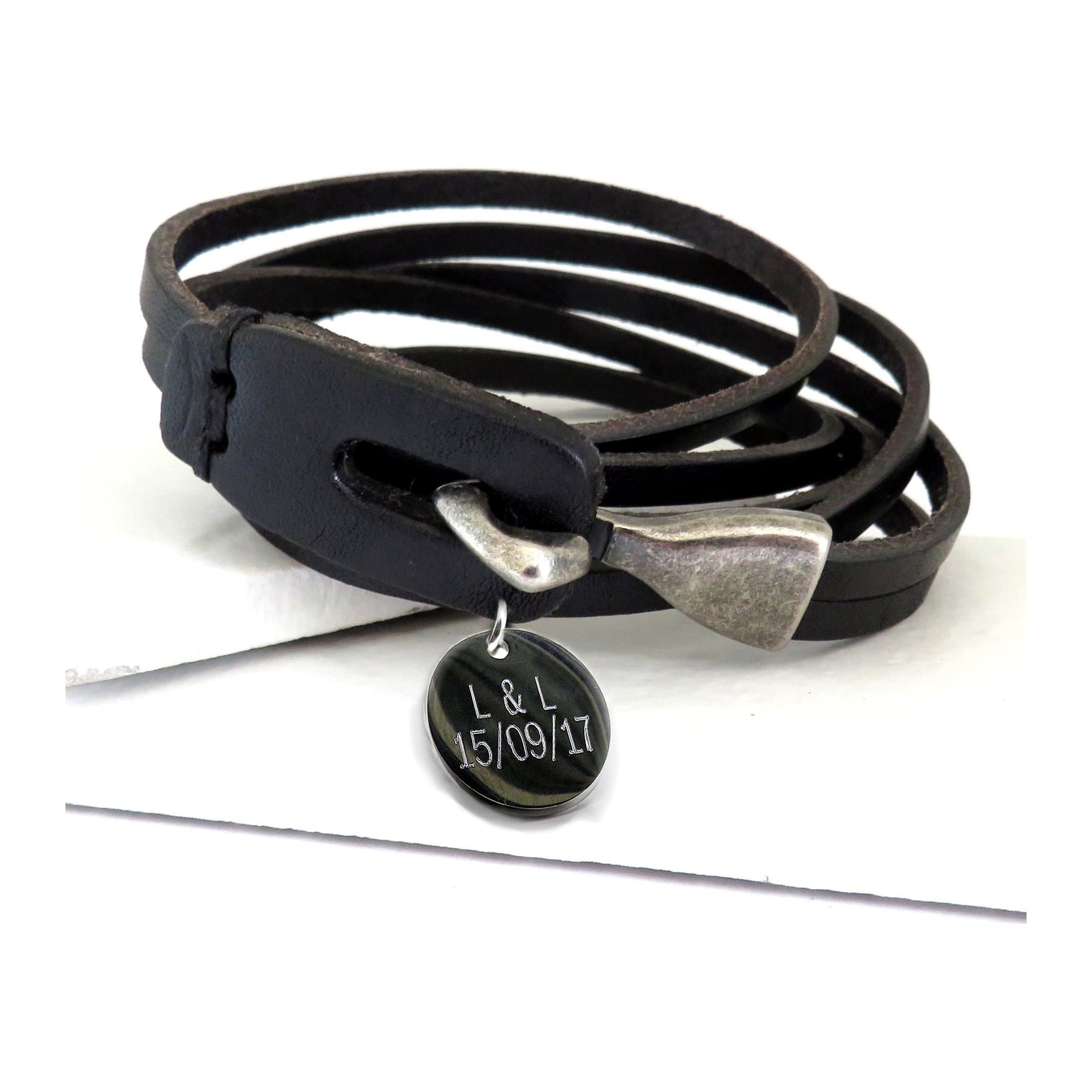 Men's brown leather wrap bracelet with a stainless steel disc