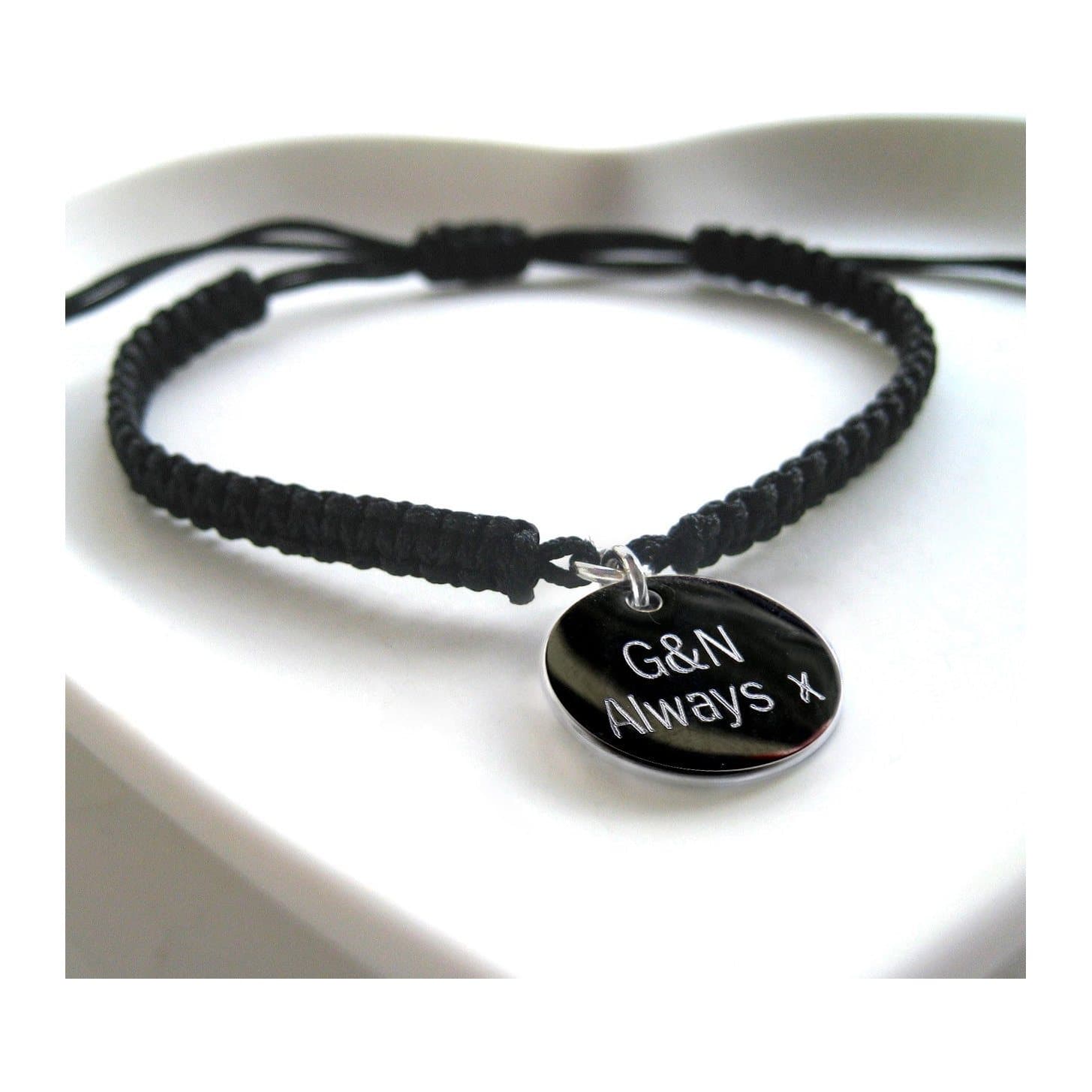 Personalised men's friendship bracelet with a braided cord and a stainless steel disc