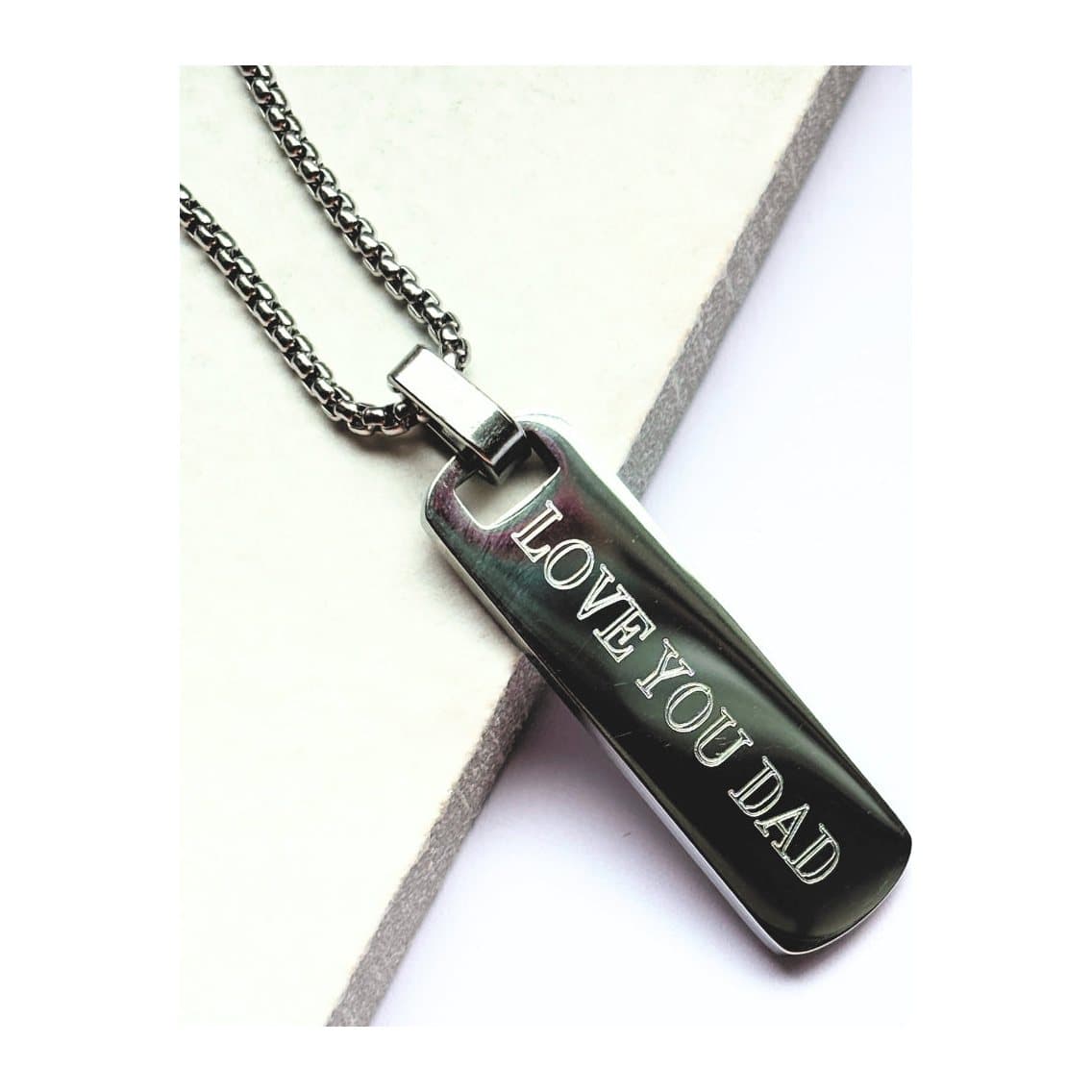 Men's long bar chain necklace in stainless steel with a personalised message on the bar