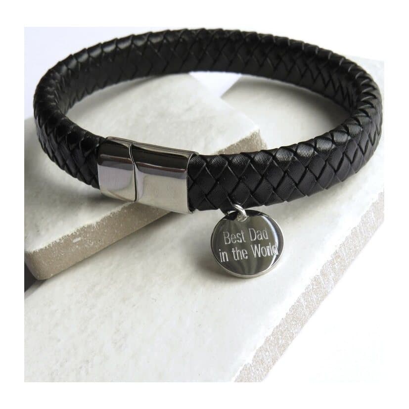 Braided leather bracelet with silver stainless steel fastening and round charm