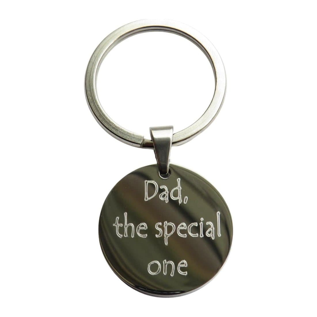 Round polished stainless steel keyring with a matte reverse and engraved message lines