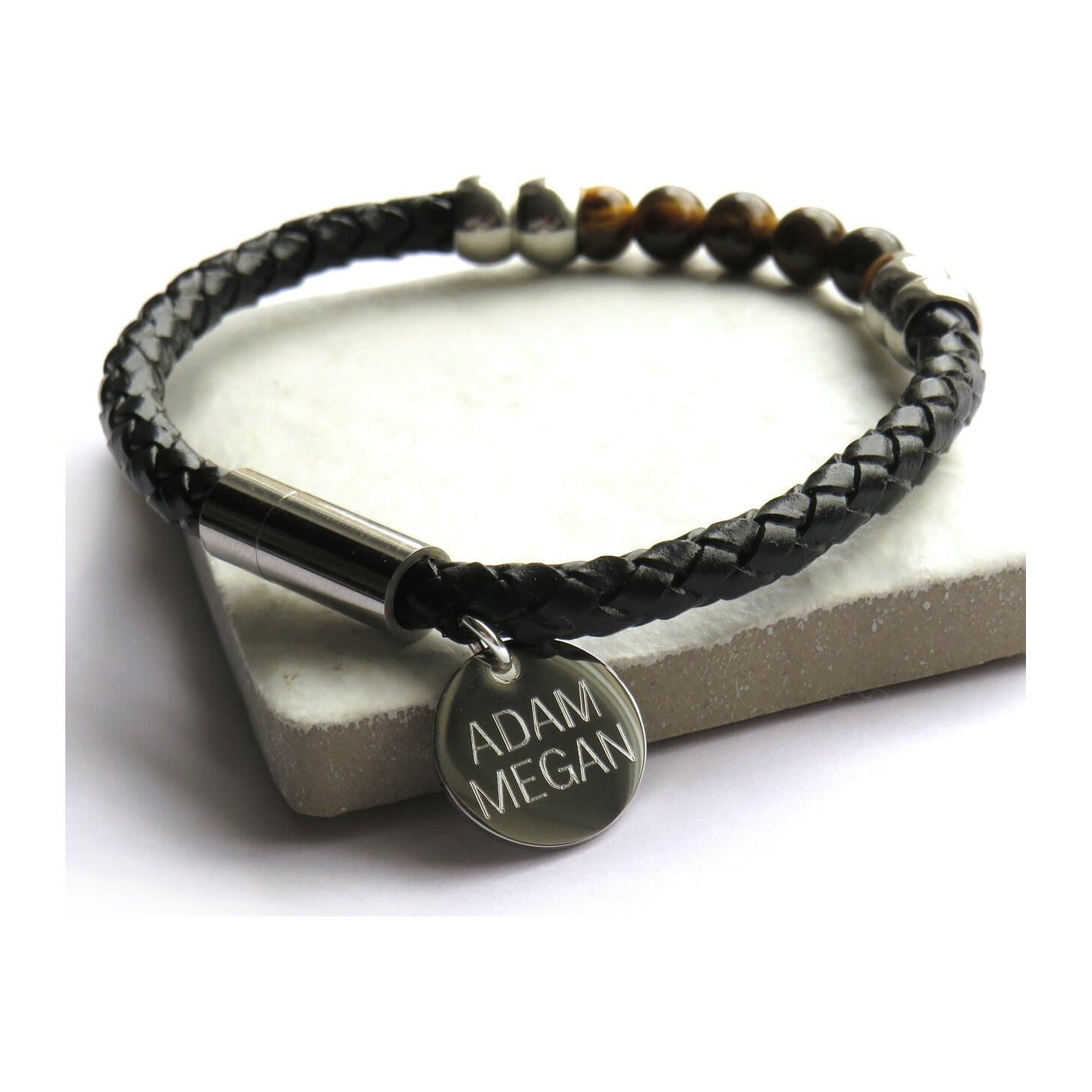 Personalised men's tiger's eye leather bracelet with a stainless steel disc