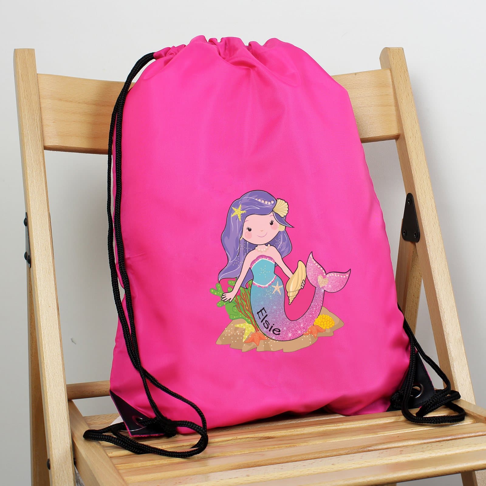 Pink mermaid kit bag with a drawstring and a name