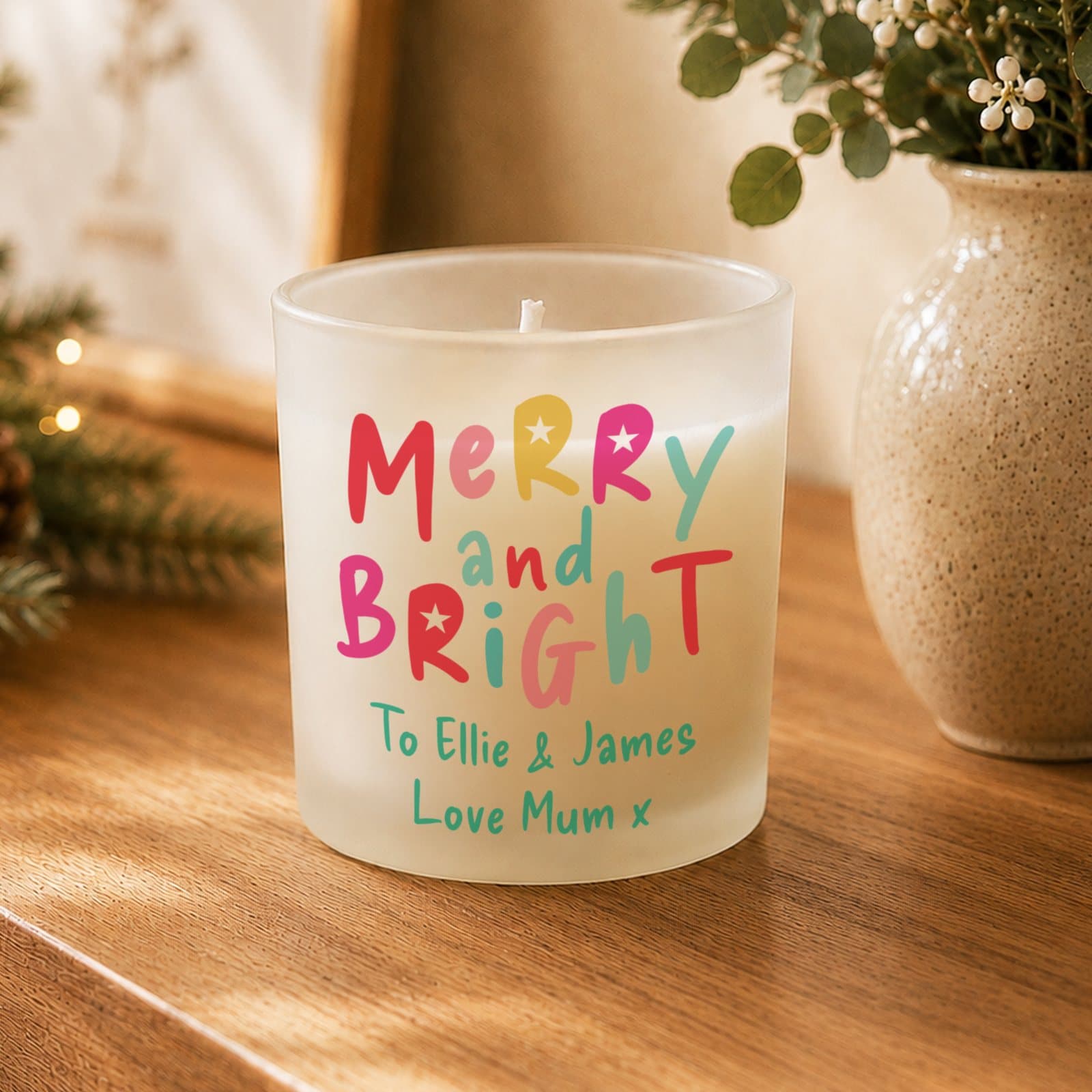 Personalised Merry and Bright scented glass candle jar with custom text