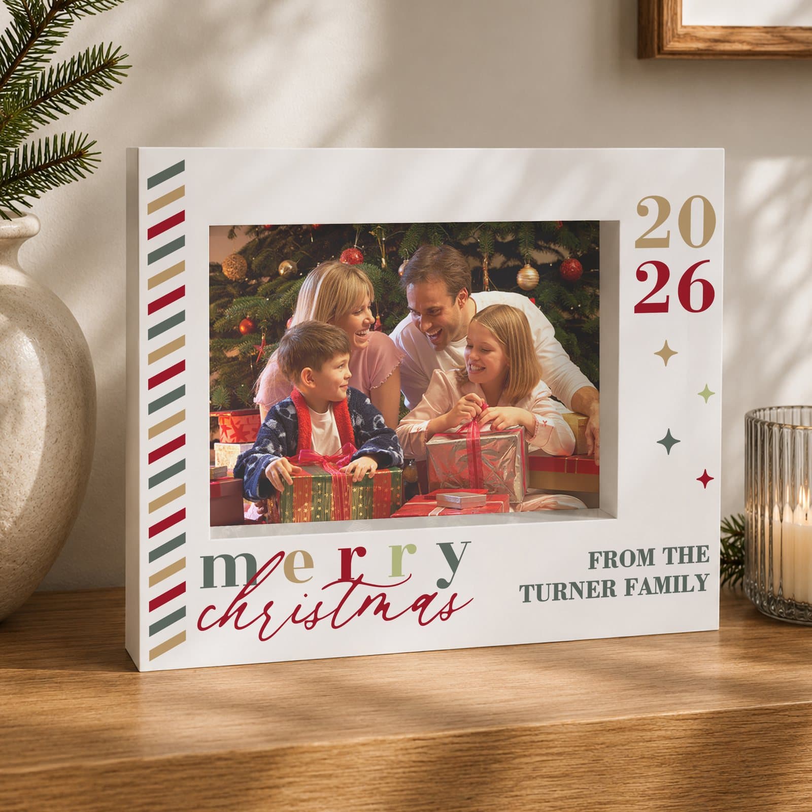 Merry Christmas 5x7 box photo frame with year and two lines of text