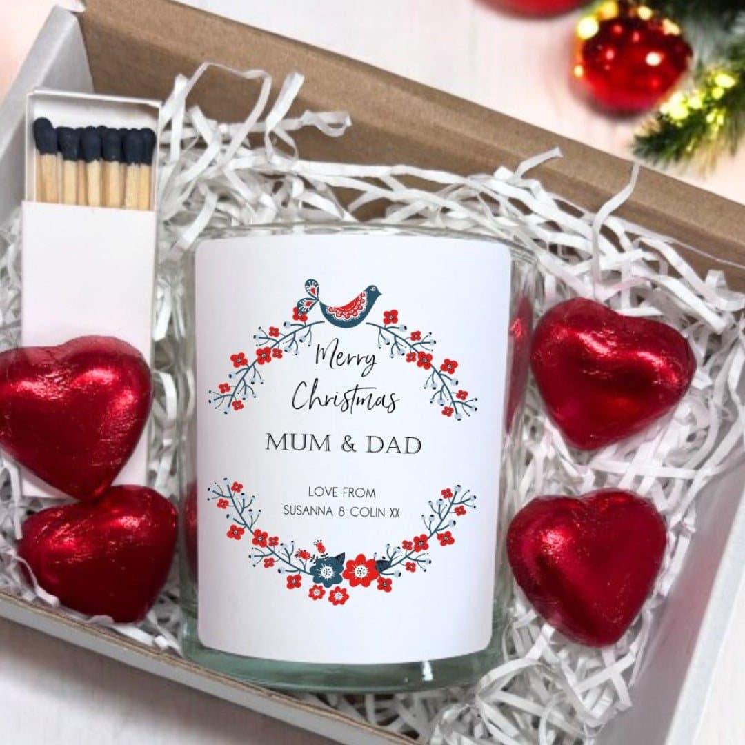 Personalised Christmas candle gift set with chocolate hearts and matches