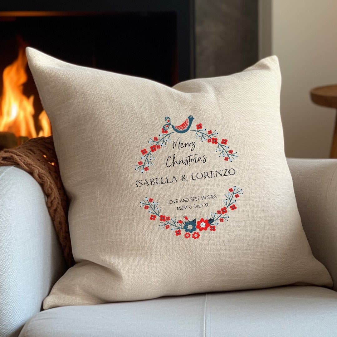 Personalised Merry Christmas cushion in linen-look fabric