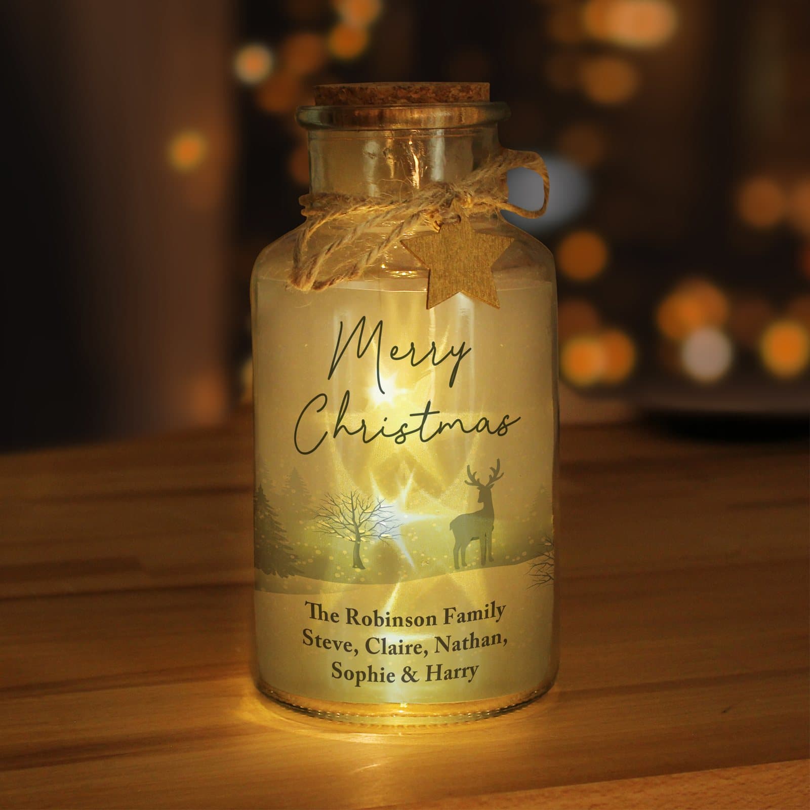 Glass LED jar with Merry Christmas text and personalised lines