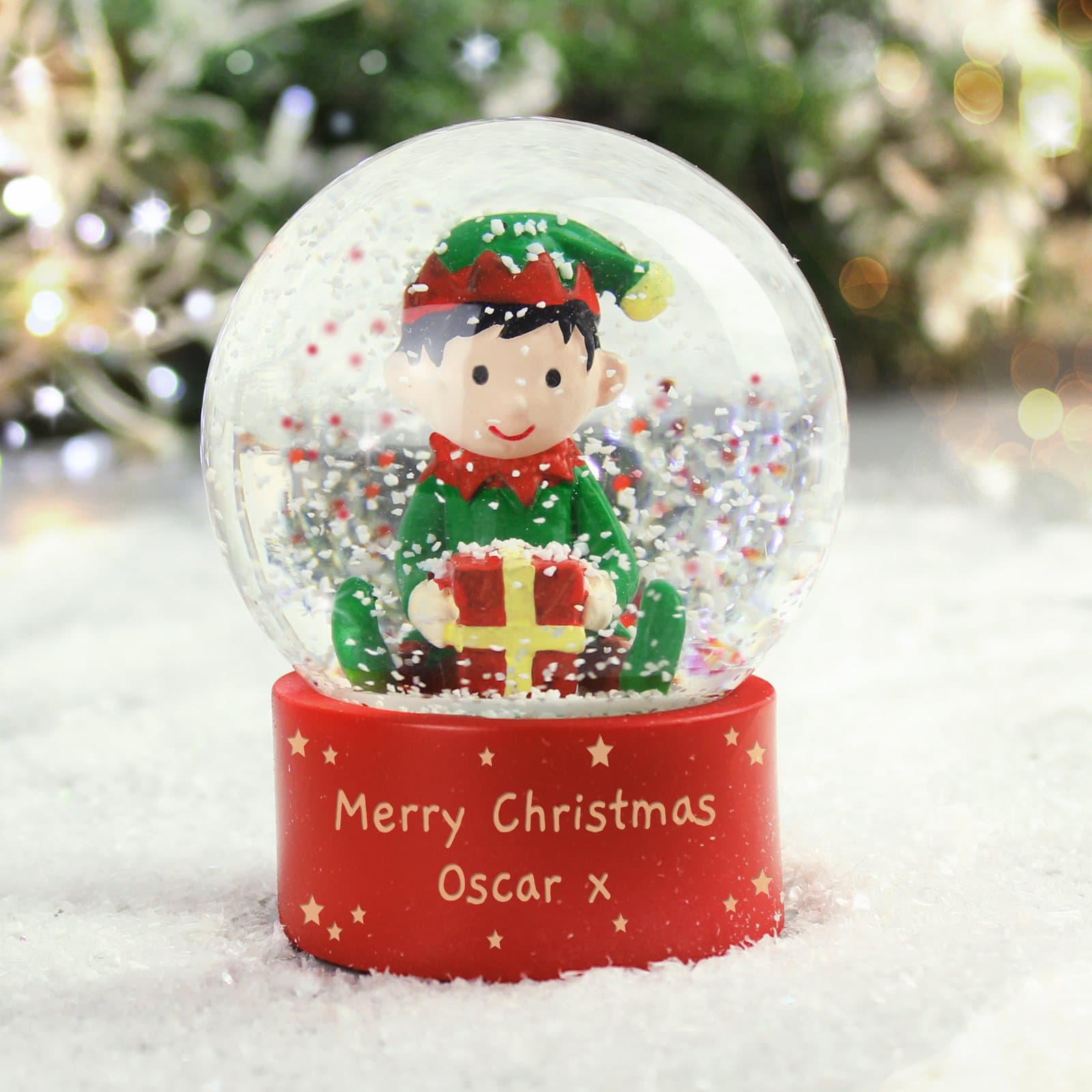 Elf glitter snow globe tree decoration with personalised text