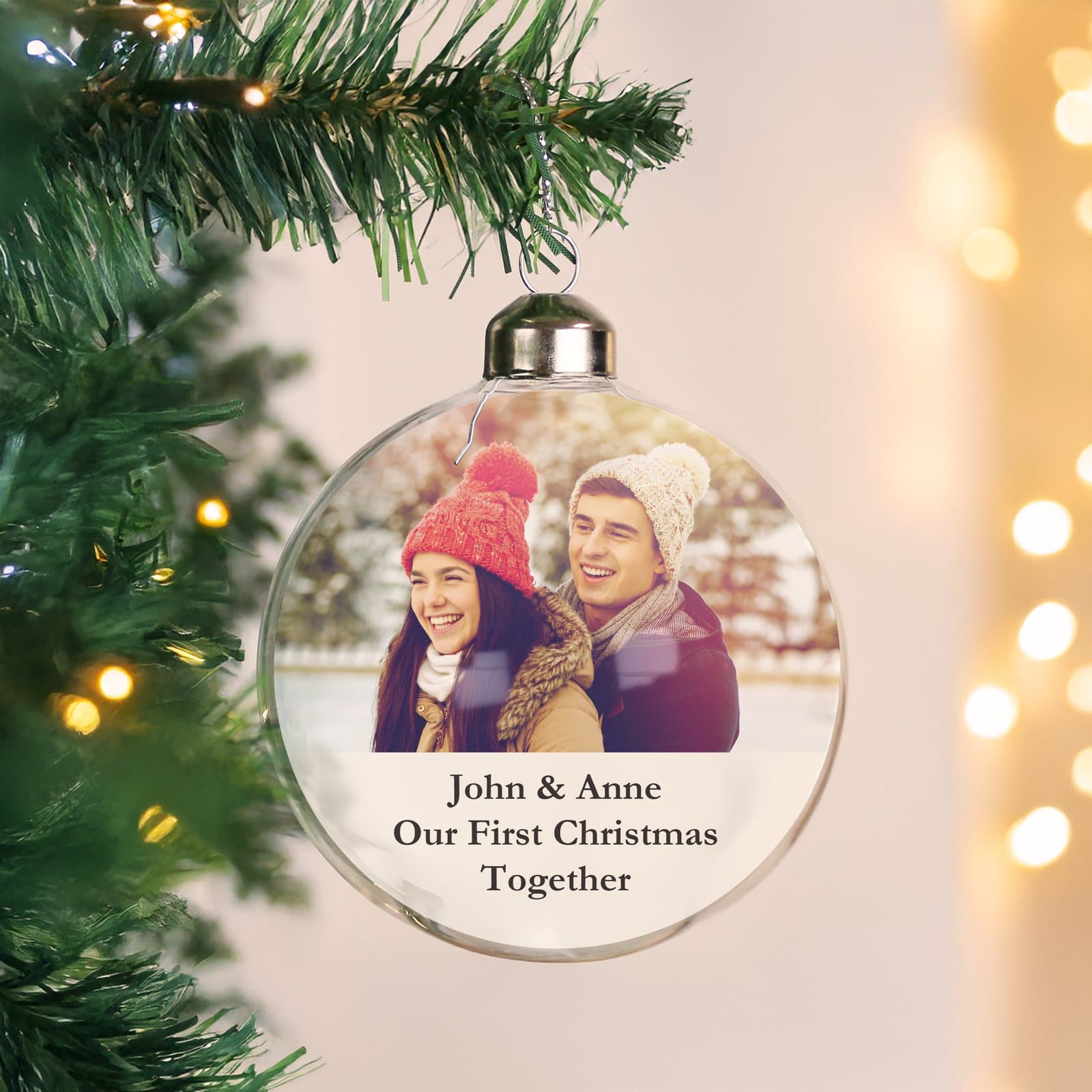 Glass Christmas bauble with a photo and message, on a ribbon