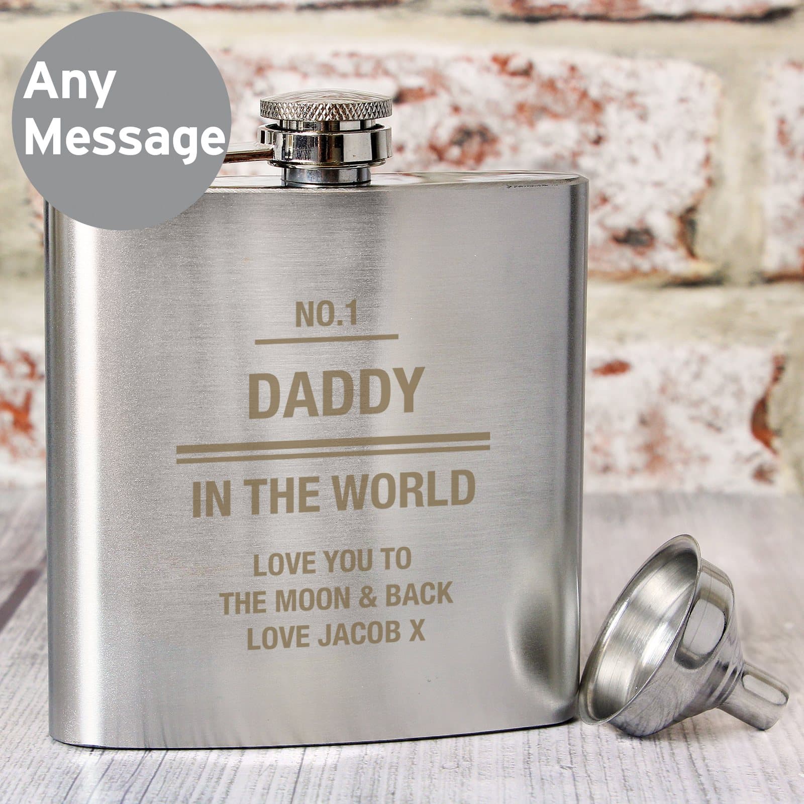Stainless steel hip flask engraved with a six-line message