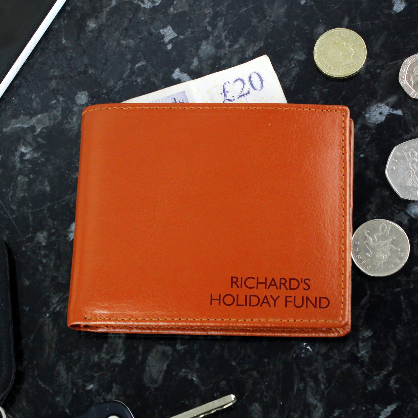 Tan leather wallet personalised with a two-line message