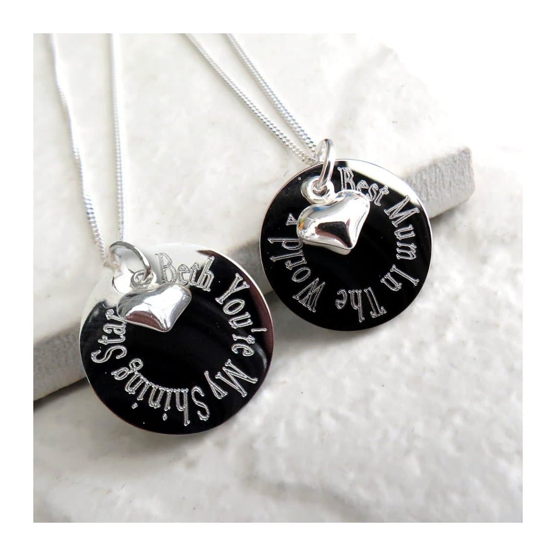 Personalised mini heart charm necklace with a silver-coloured disc on a chain