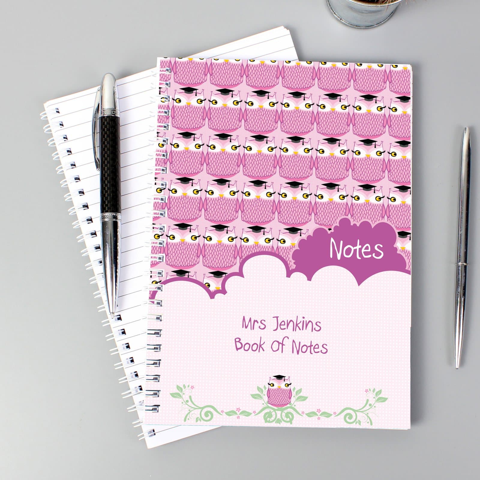 Owl design A5 teacher notebook personalised with a two-line message