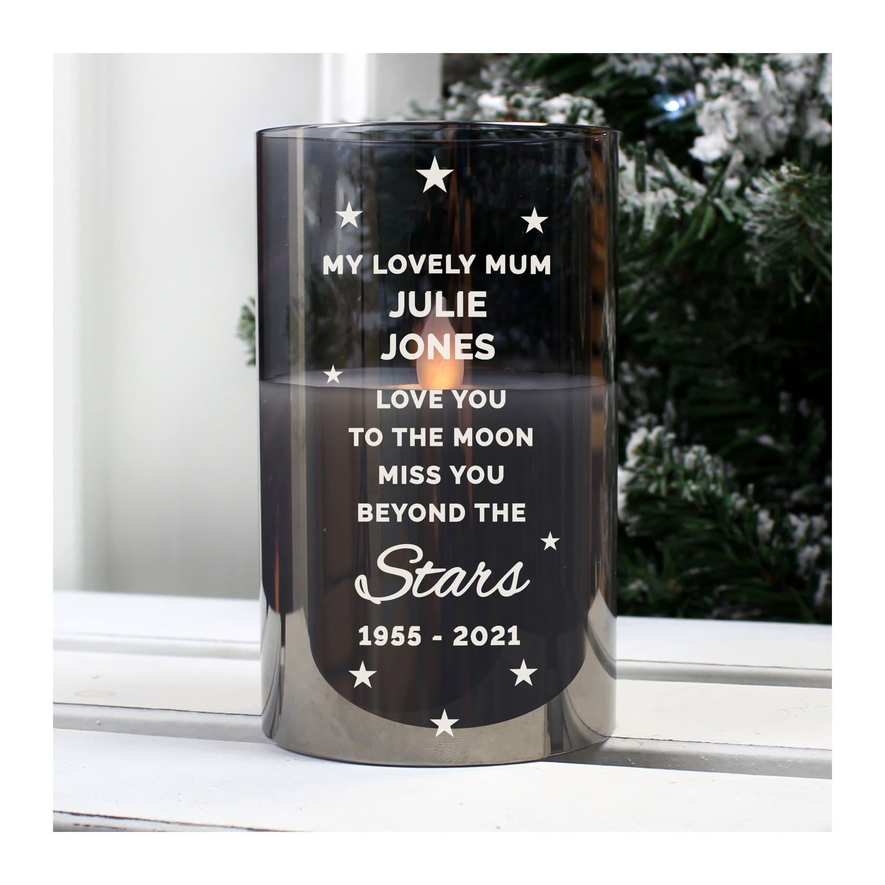 Smoked glass LED candle with personalised text and a miss you message