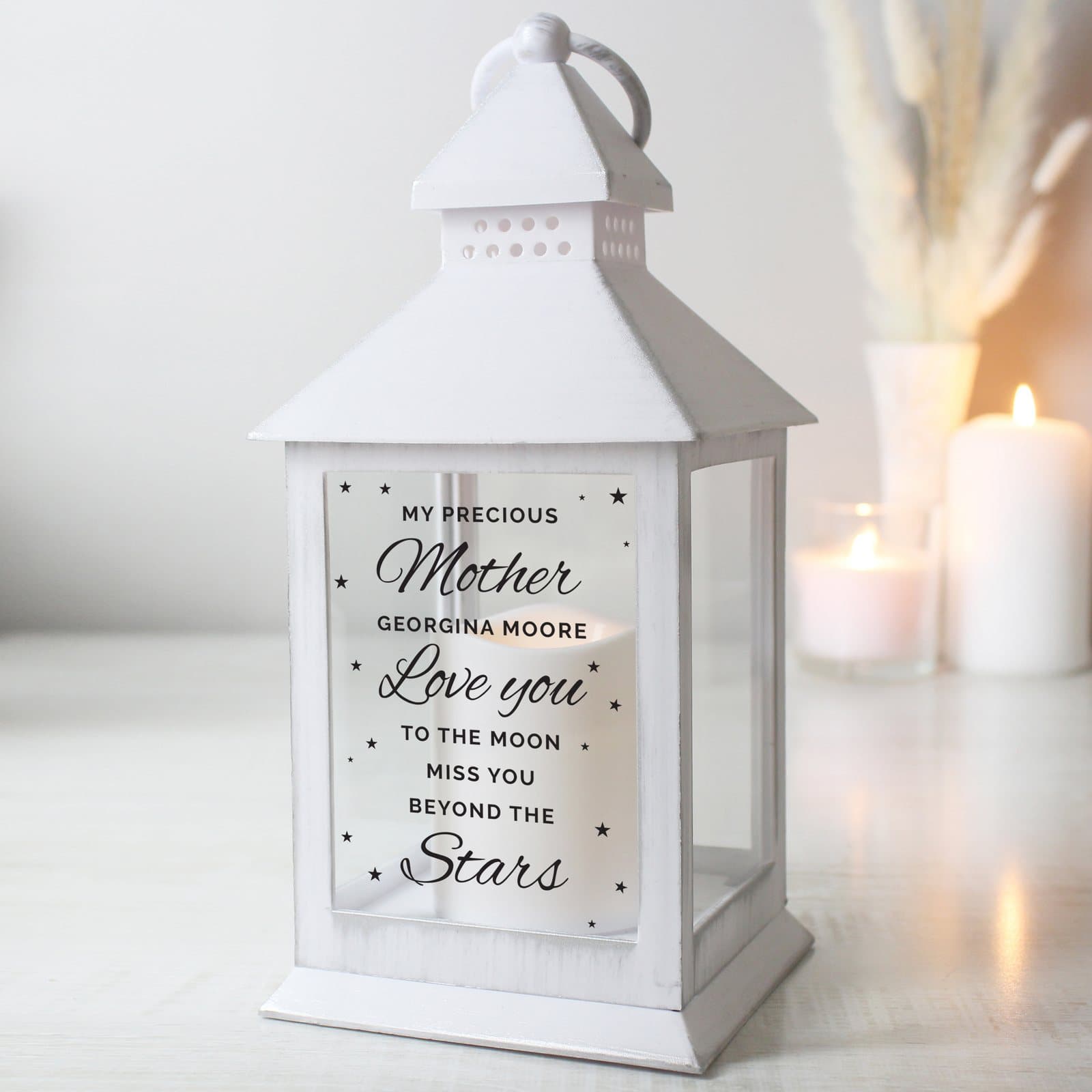 White LED lantern with Miss You Beyond The Stars personalised text