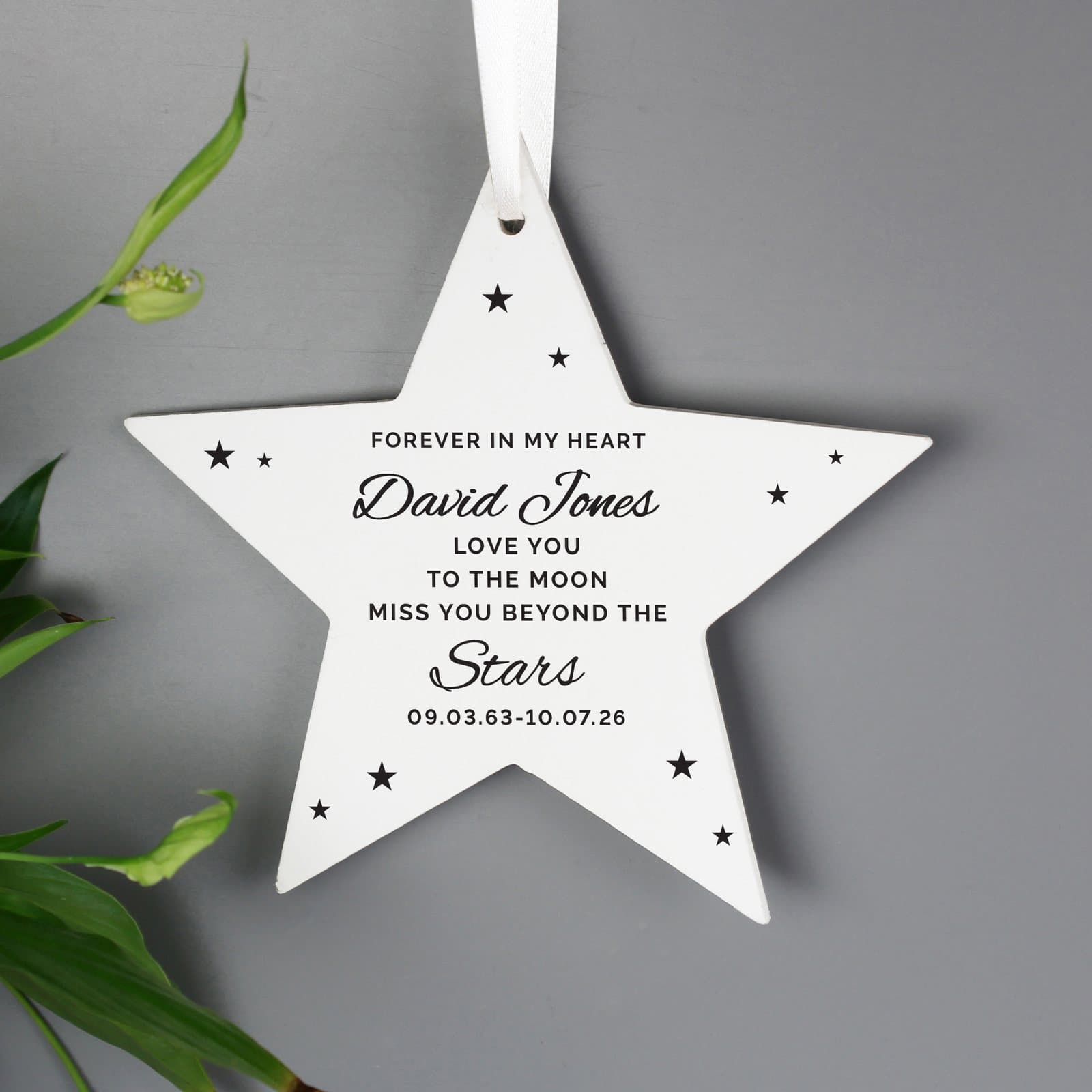 Rustic wooden star decoration with ribbon and personalised text