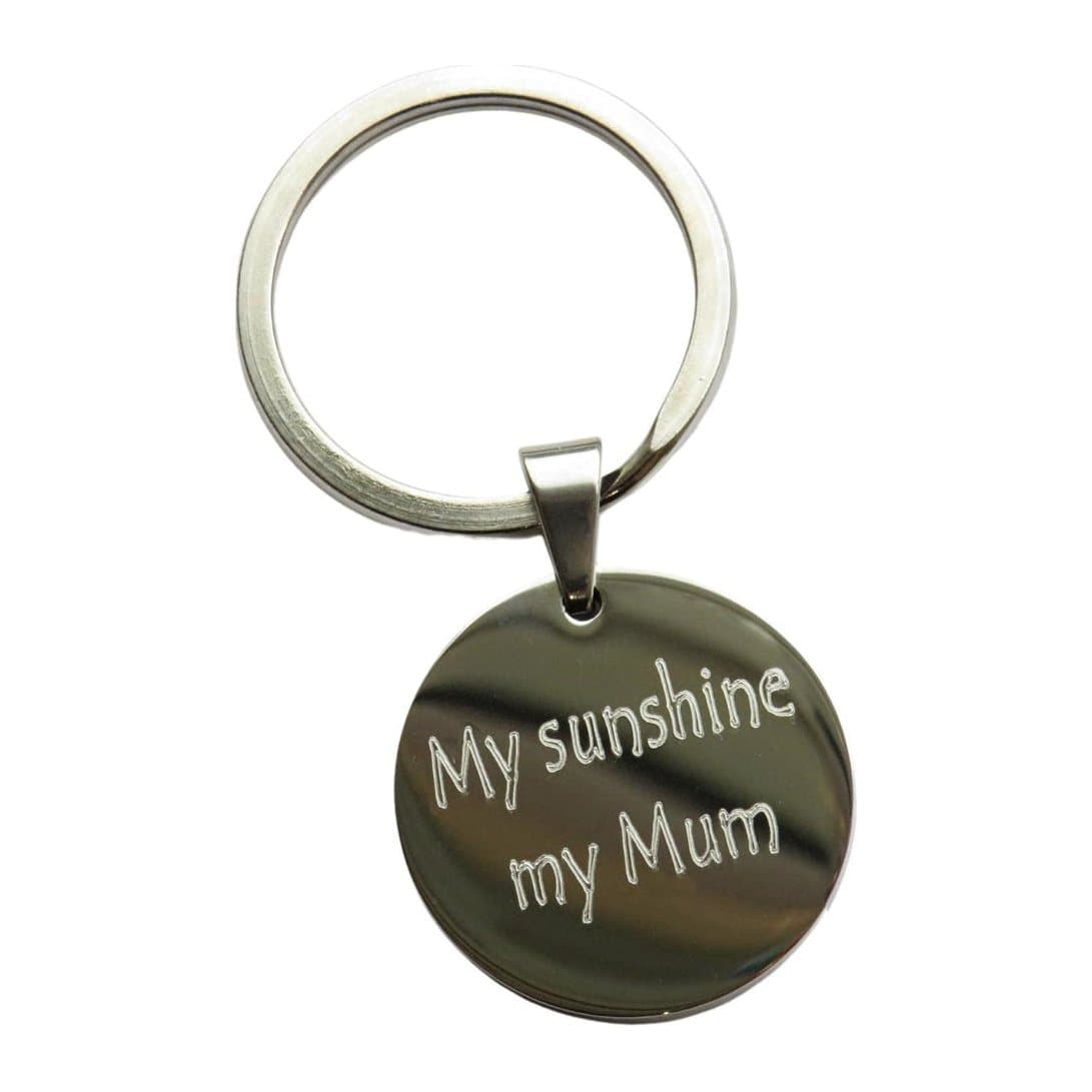 Round stainless steel keyring with engraved personalised lines of text