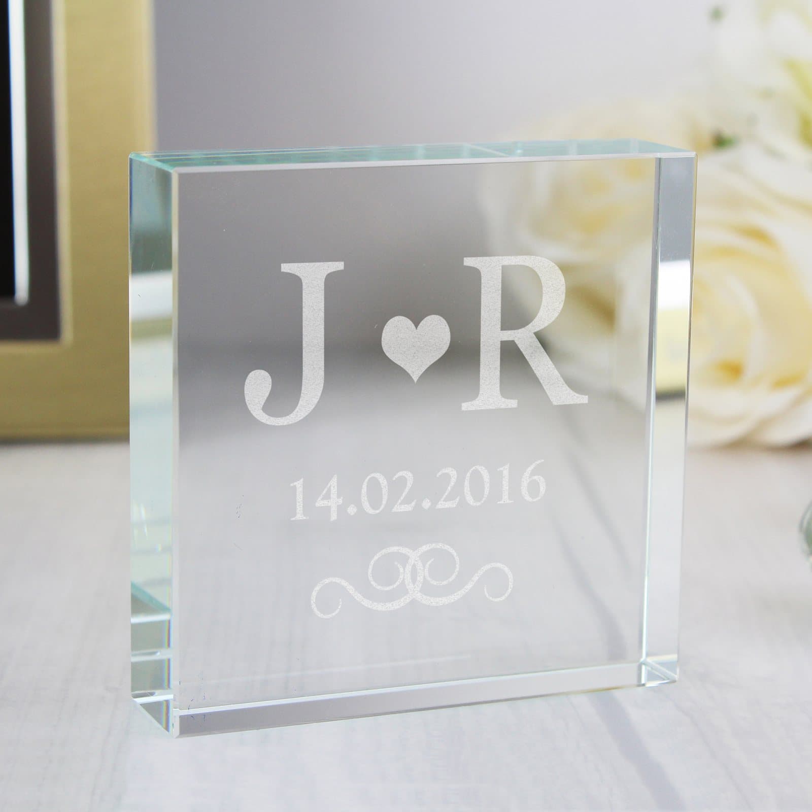 Personalised monogram crystal token with a black gift box