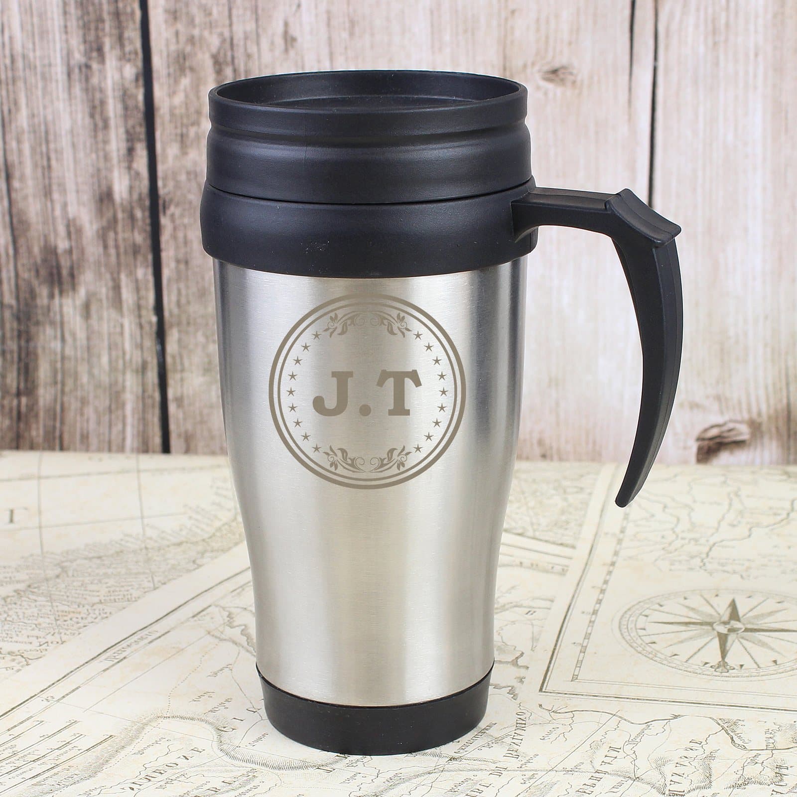 Personalised monogram stainless steel travel mug with sliding sip cover
