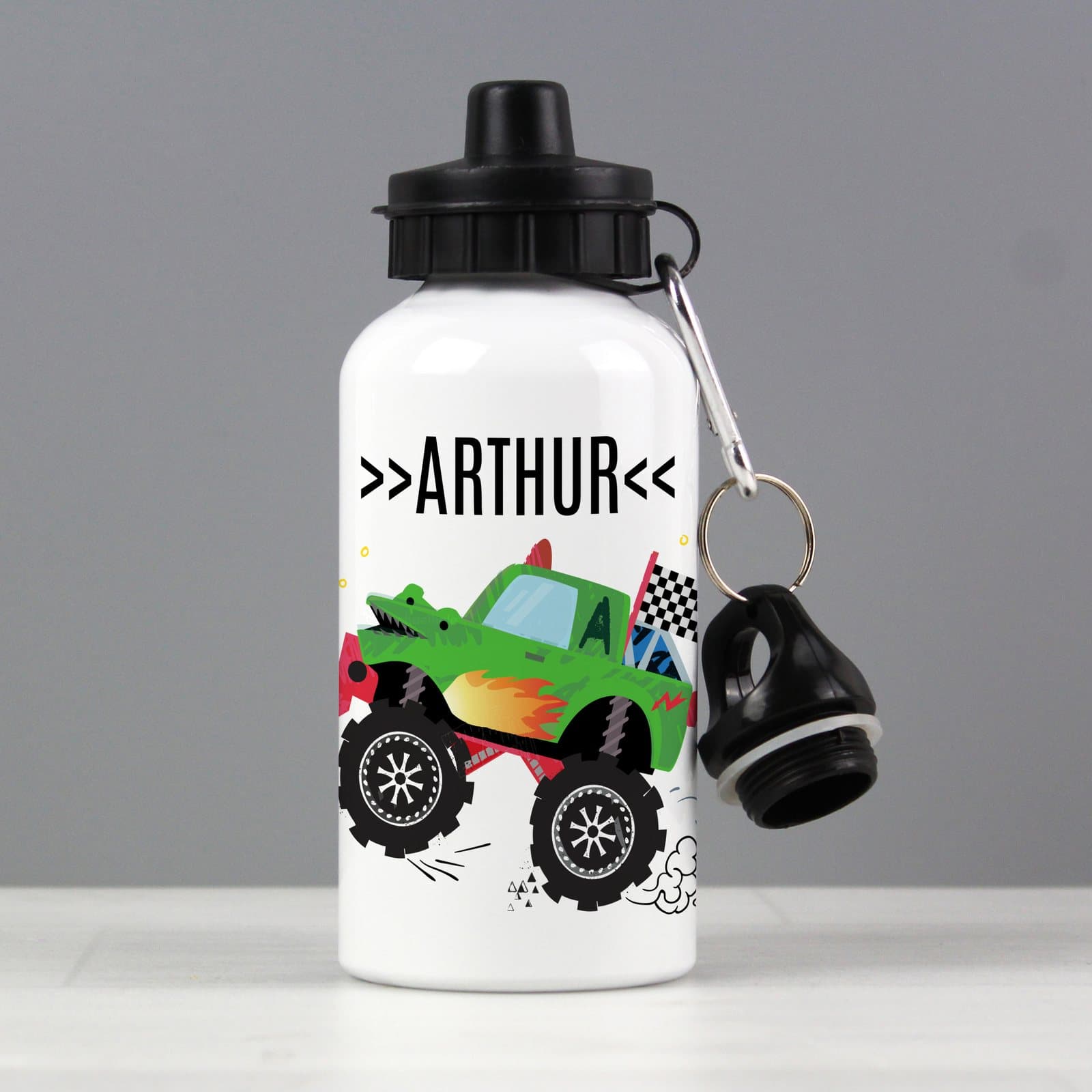 Kids' personalised monster truck drinks bottle in aluminium and plastic