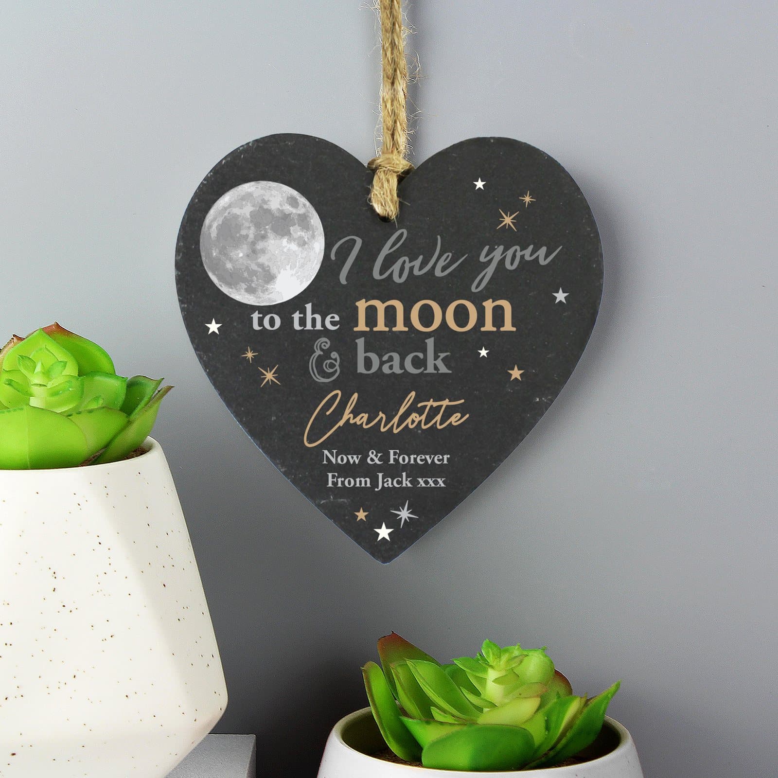 Personalised slate heart decoration with natural string and name
