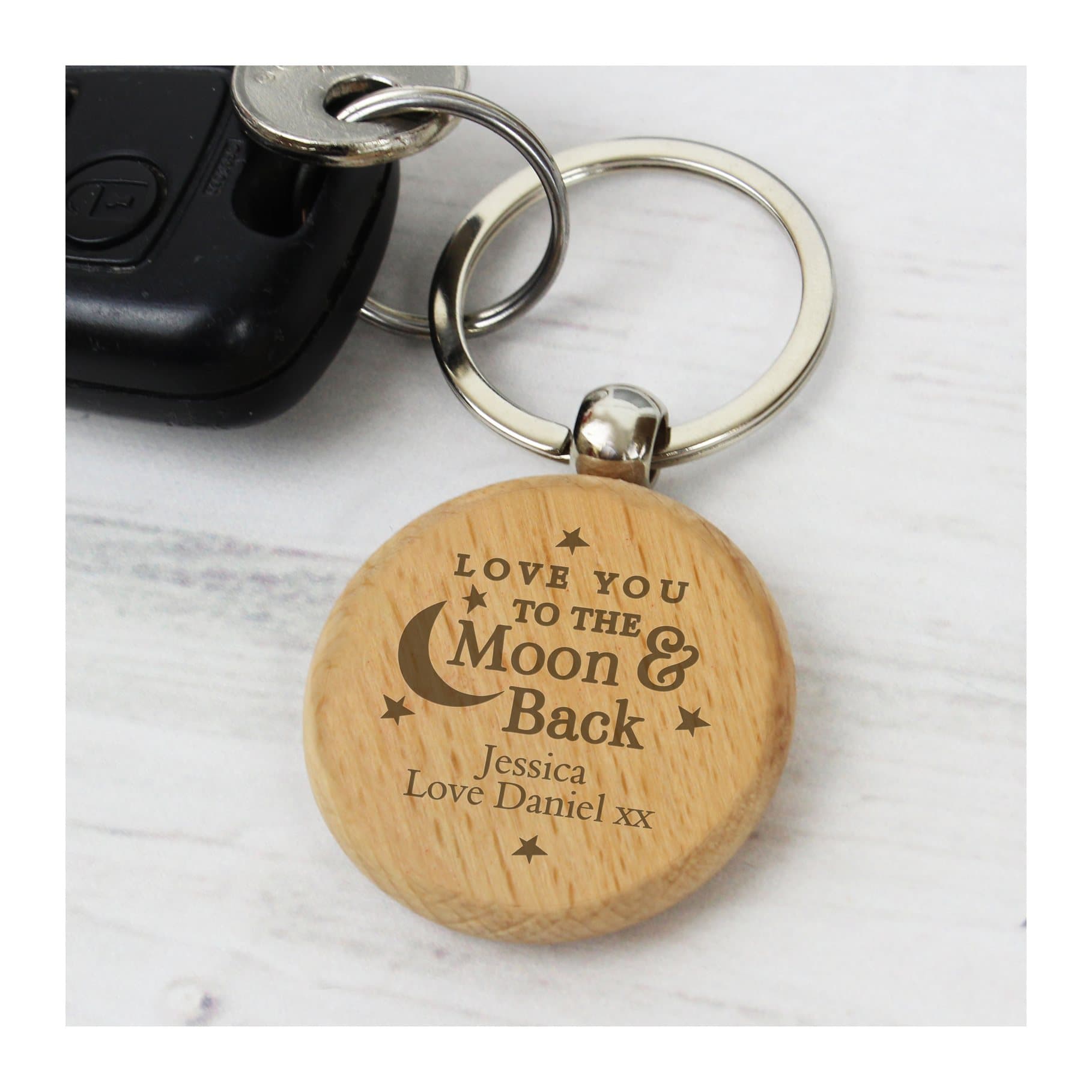Solid beech wooden keyring with a moon and back message
