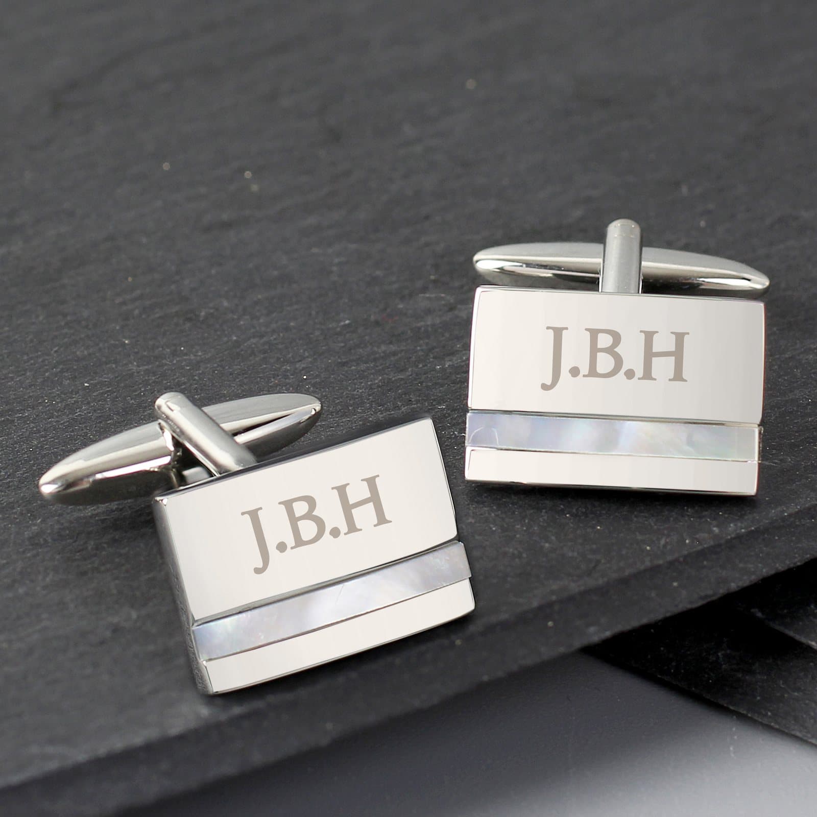 Mother of Pearl cufflinks with initials and small black presentation box