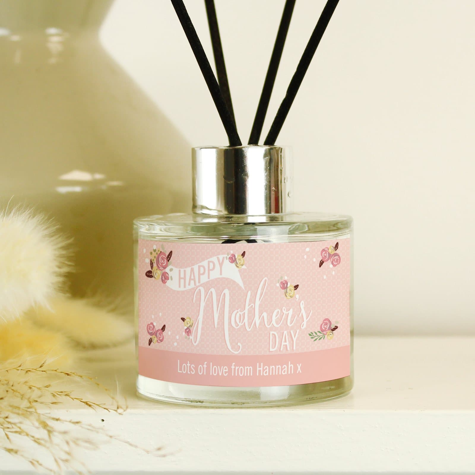 Glass reed diffuser with a Happy Mother's Day message