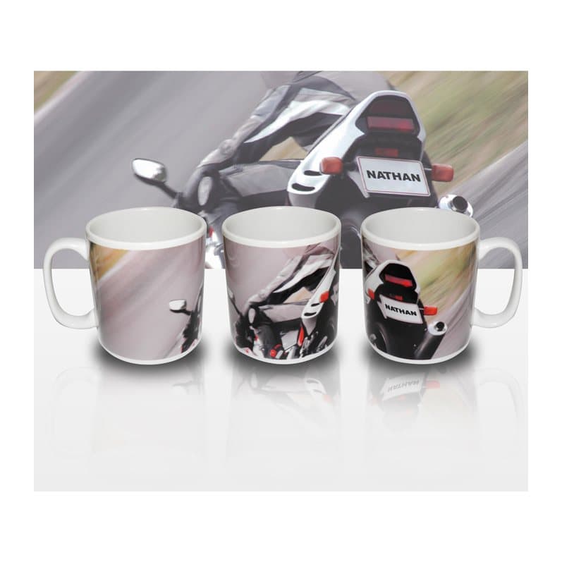 Personalised motorbike photograph ceramic mug with a number plate