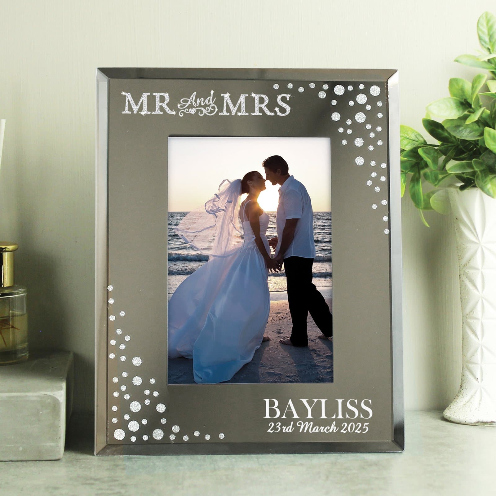 Diamante effect mirrored glass Mr and Mrs portrait photo frame with a stand