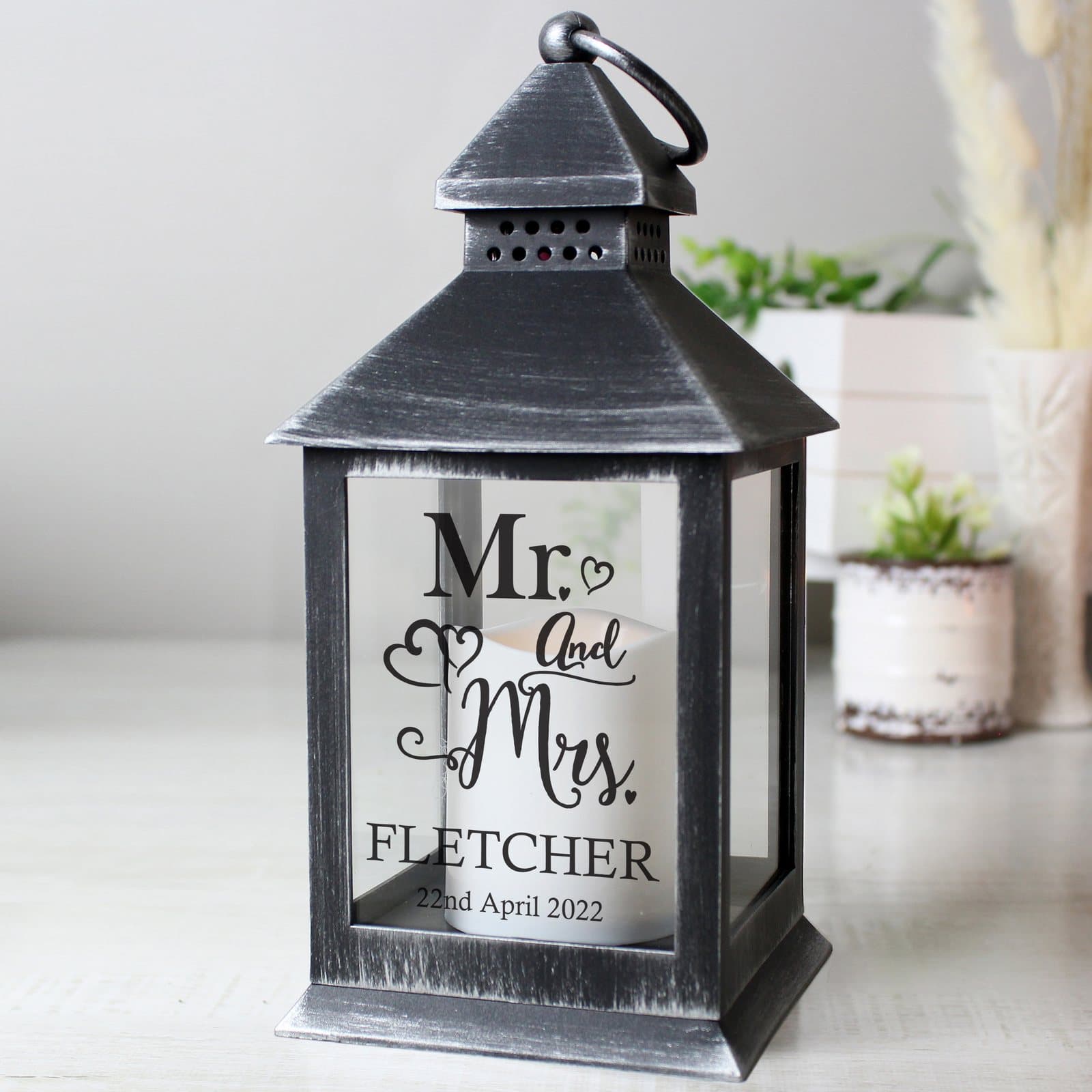 Rustic black Mr and Mrs lantern with a hoop and personalised text