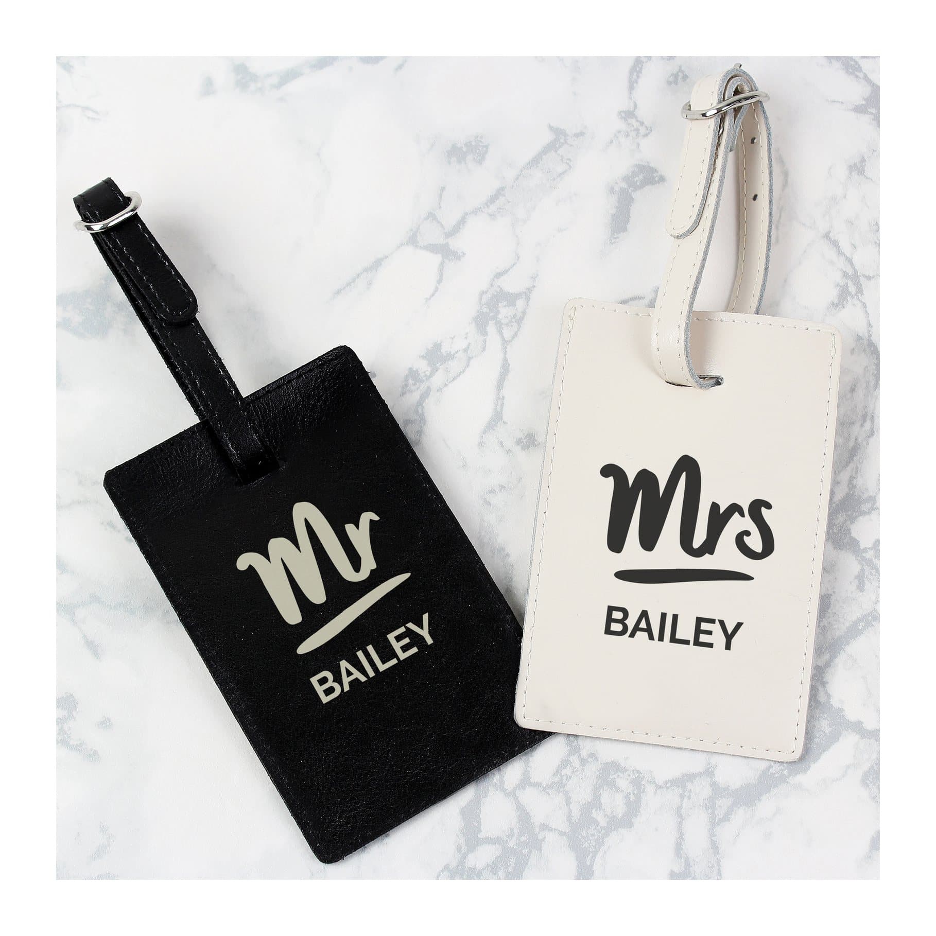 Cream and black leather luggage tags with Mr and Mrs wording