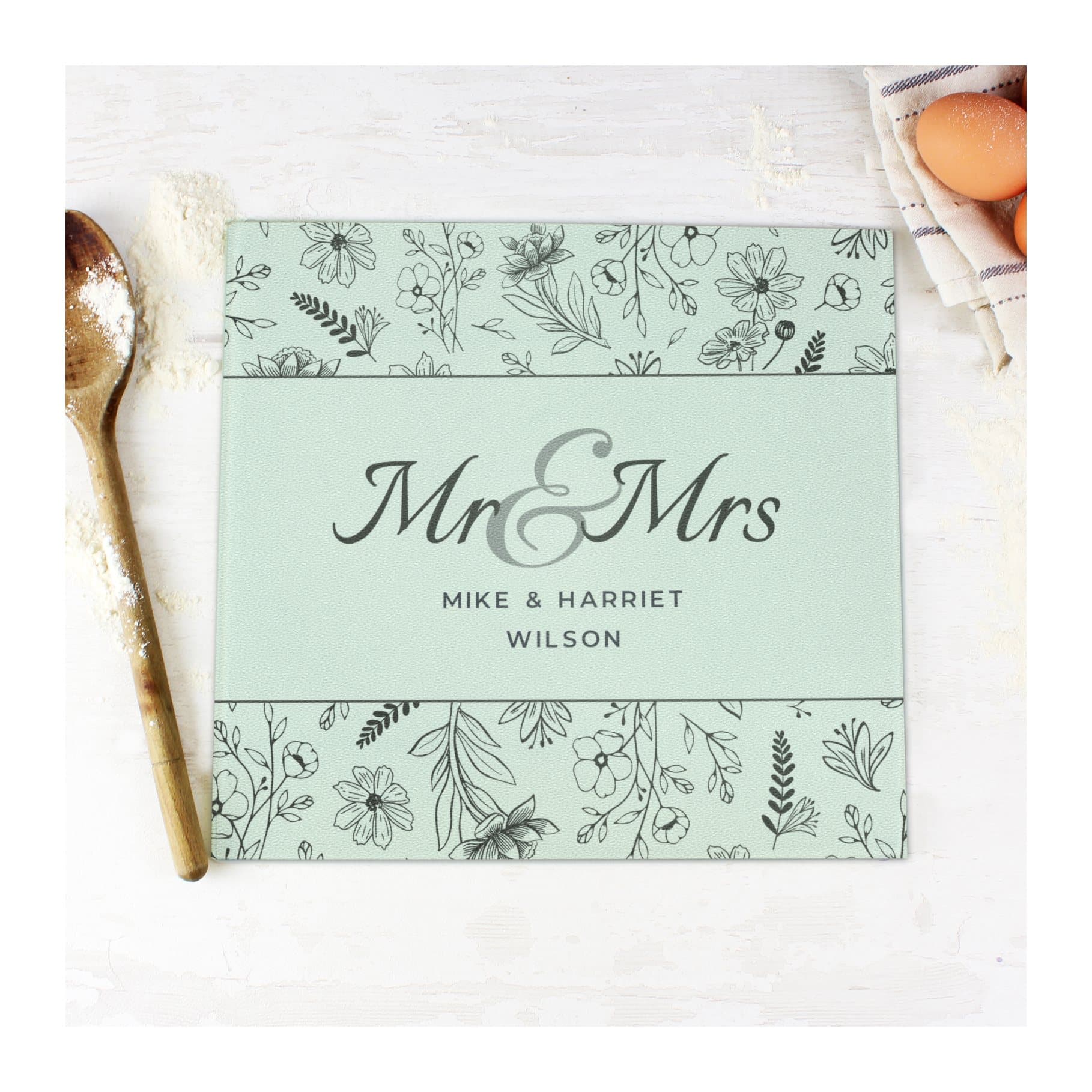 Glass chopping board with botanical design and Mr & Mrs text