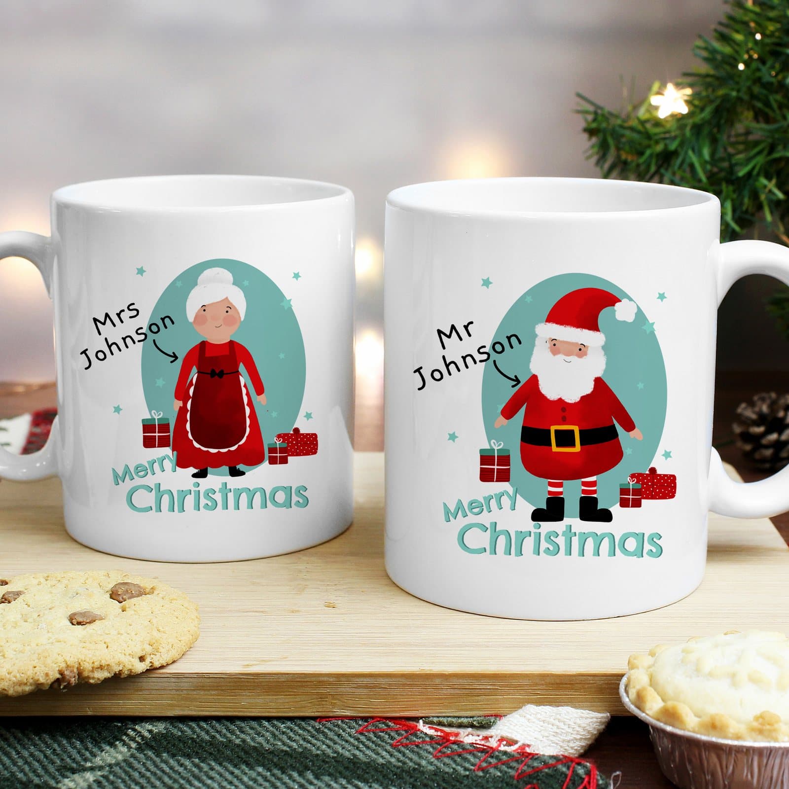 Mr and Mrs Claus ceramic mug set with personalised text