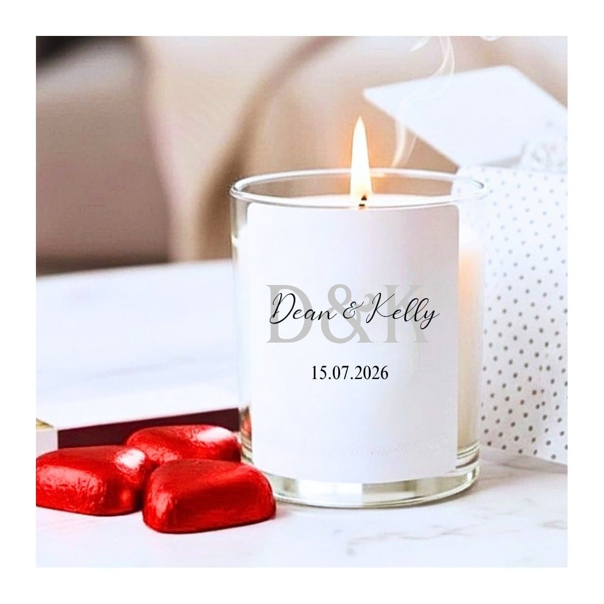 Mr and Mrs personalised candle with red foiled chocolate hearts and a box of matches