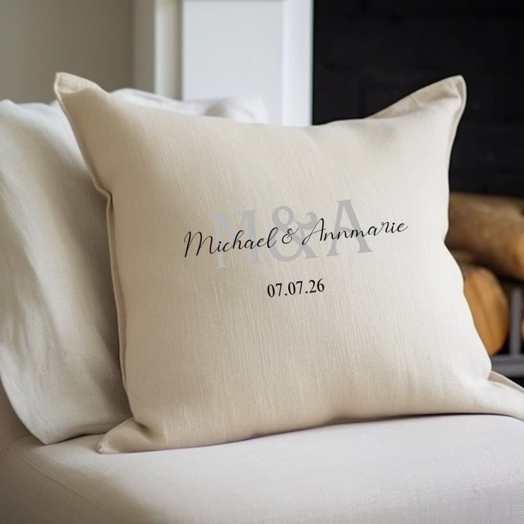 Cream linen-look personalised Mr and Mrs cushion with names and date