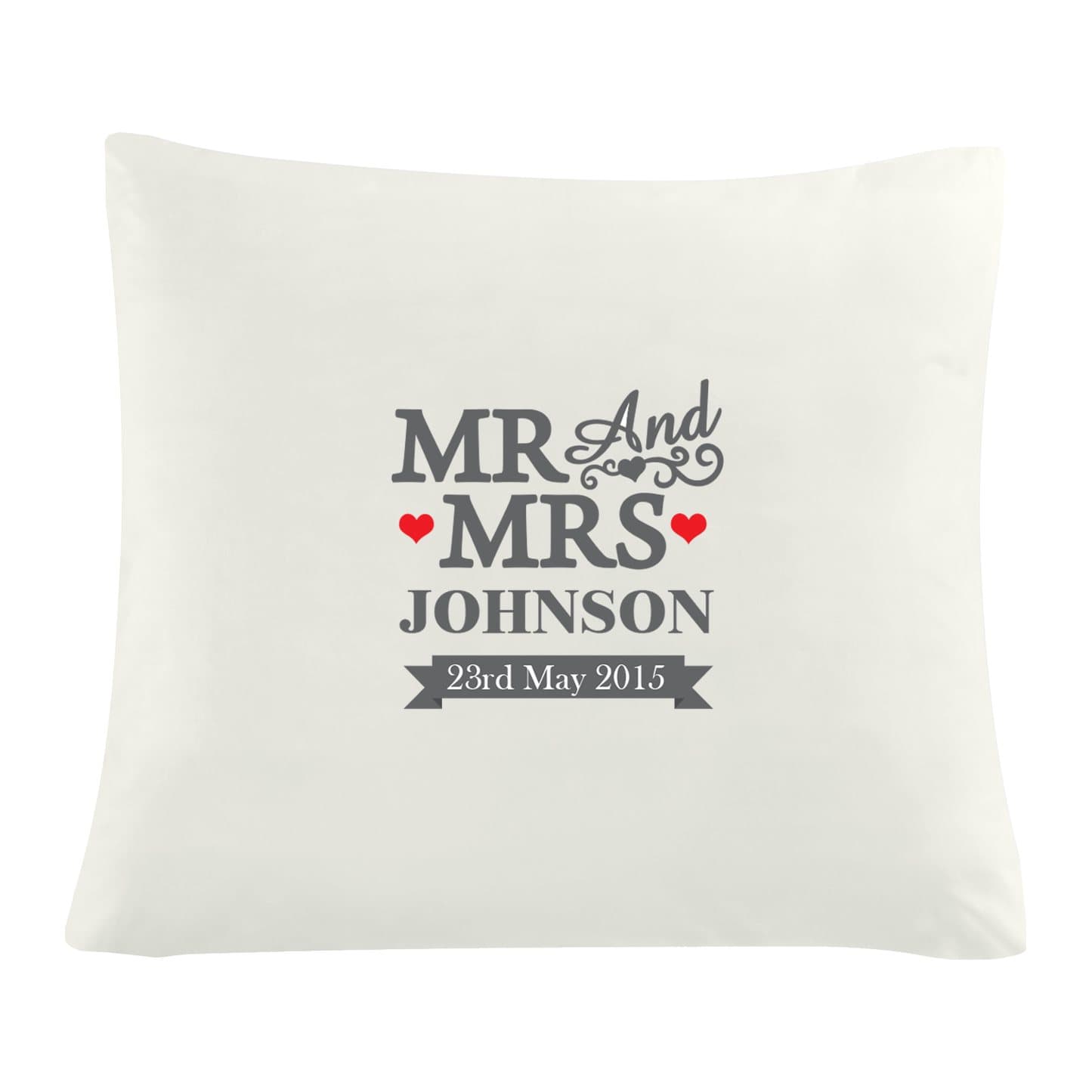 Mr and Mrs cushion personalised with a surname and date