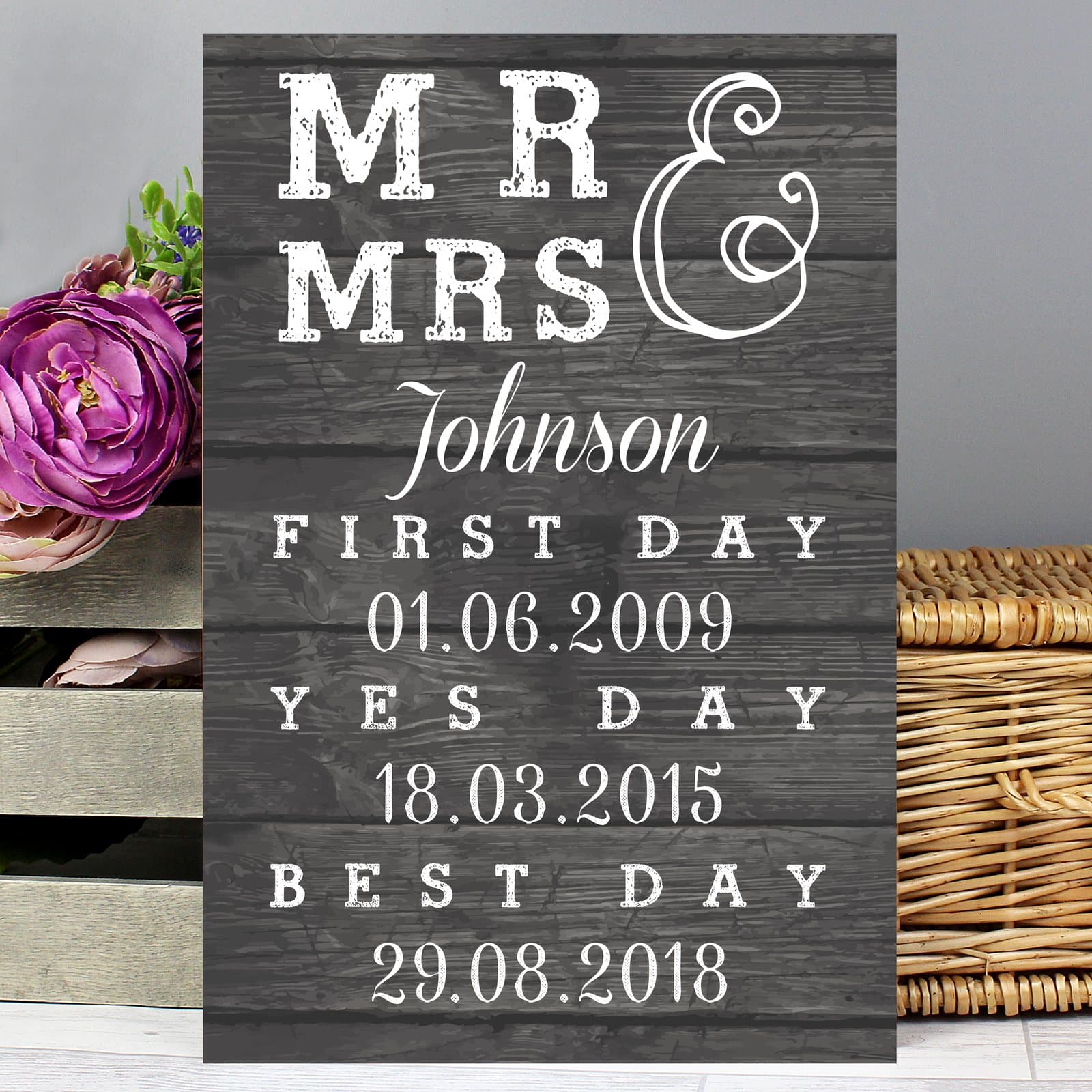 Aluminium Mr & Mrs First Day Yes Day Best Day sign with surname and dates