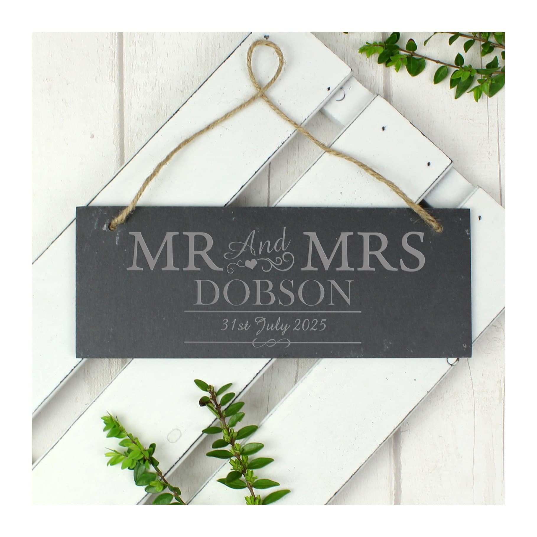 Hanging slate Mr & Mrs plaque with surname and date on natural string