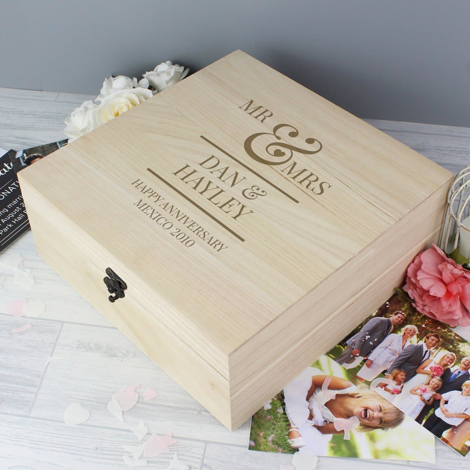 Large natural wood keepsake box with Mr & Mrs text, two names and a metal clasp