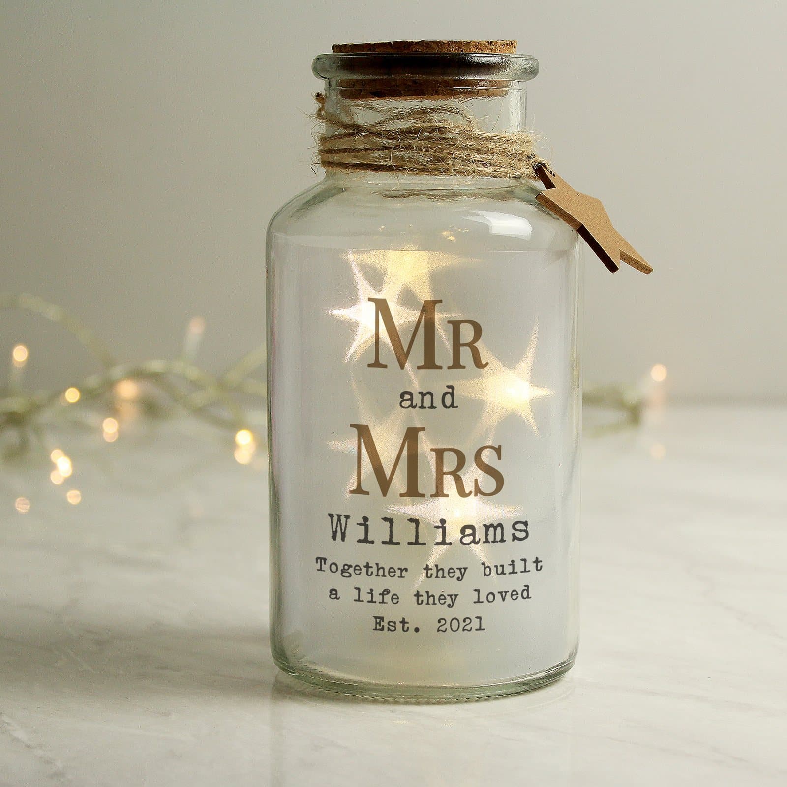 Personalised Mr & Mrs LED glass jar