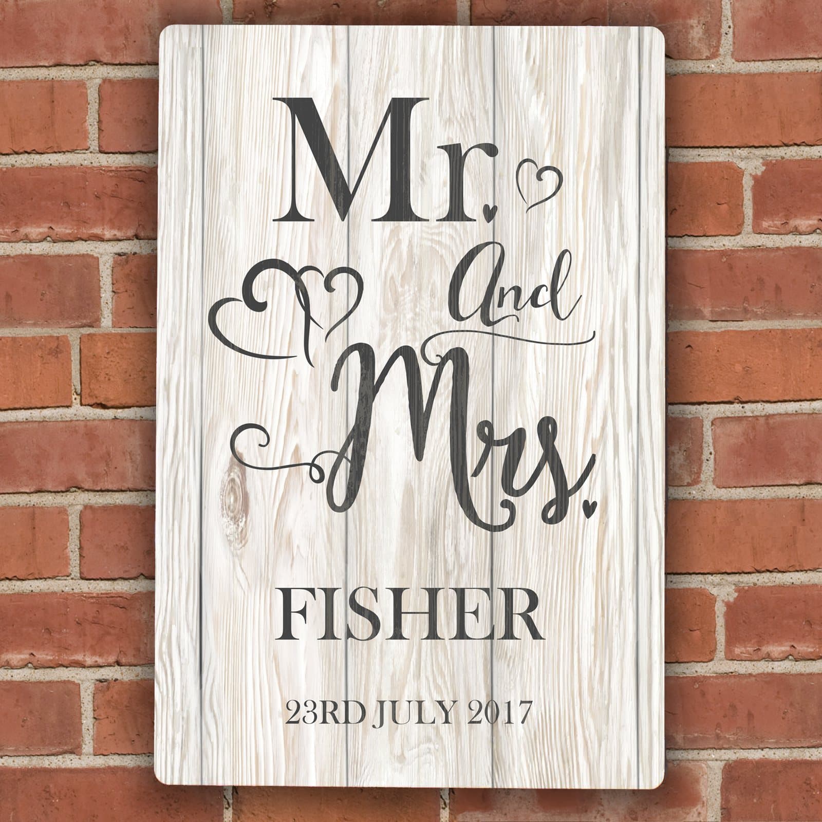 Aluminium Mr & Mrs metal sign with a surname and message in upper case